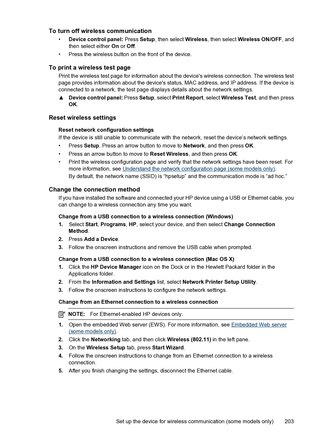 HP 4500 - G510n, 4500 - G510g manual To turn off wireless communication, To print a wireless test, Reset wireless settings 