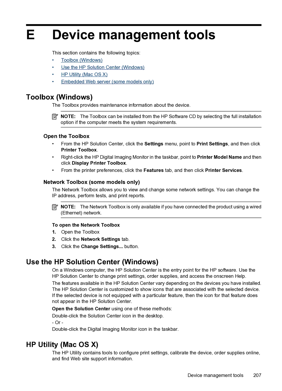 HP 4500 - G510n manual Device management tools, Toolbox Windows, Use the HP Solution Center Windows, HP Utility Mac OS 