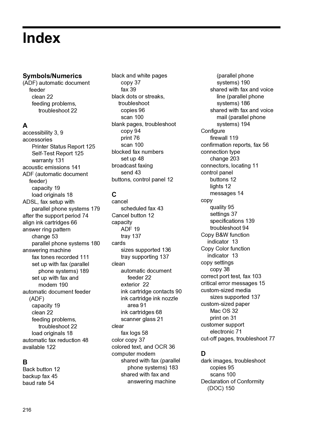 HP 4500 - G510g, 4500 - G510n manual Index, Symbols/Numerics 