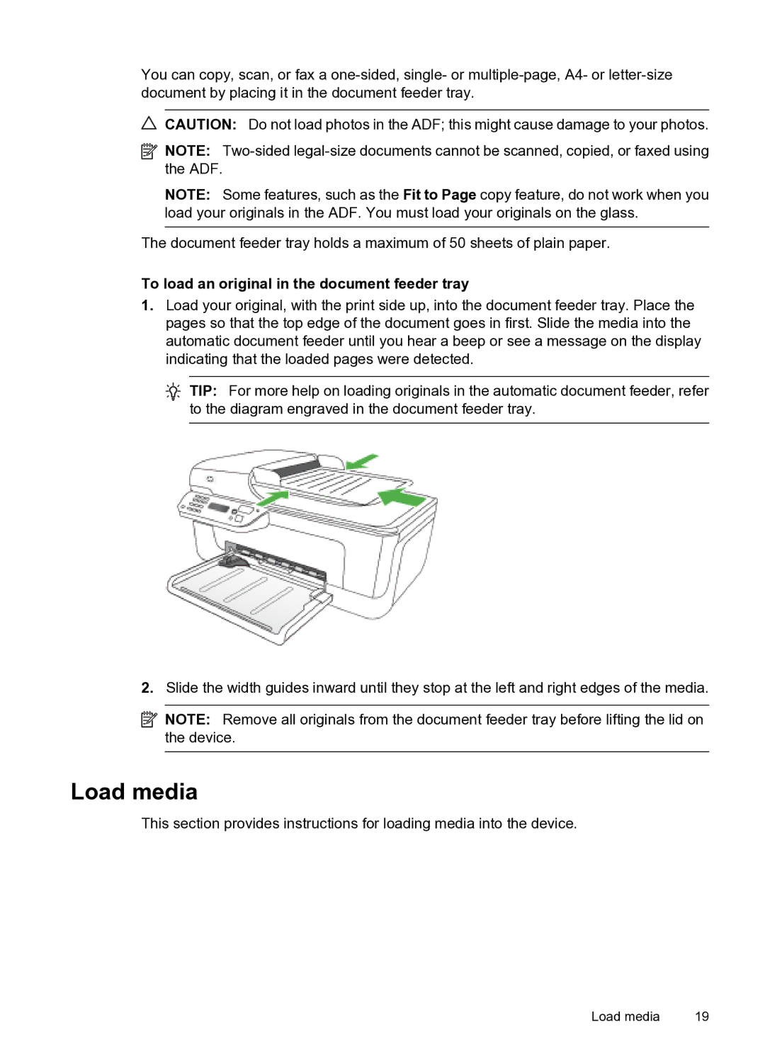 HP 4500 - G510n, 4500 - G510g manual Load media, To load an original in the document feeder tray 