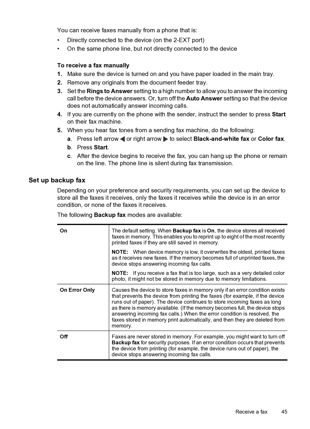 HP 4500 - G510n, 4500 - G510g Set up backup fax, To receive a fax manually, On Error Only Off 