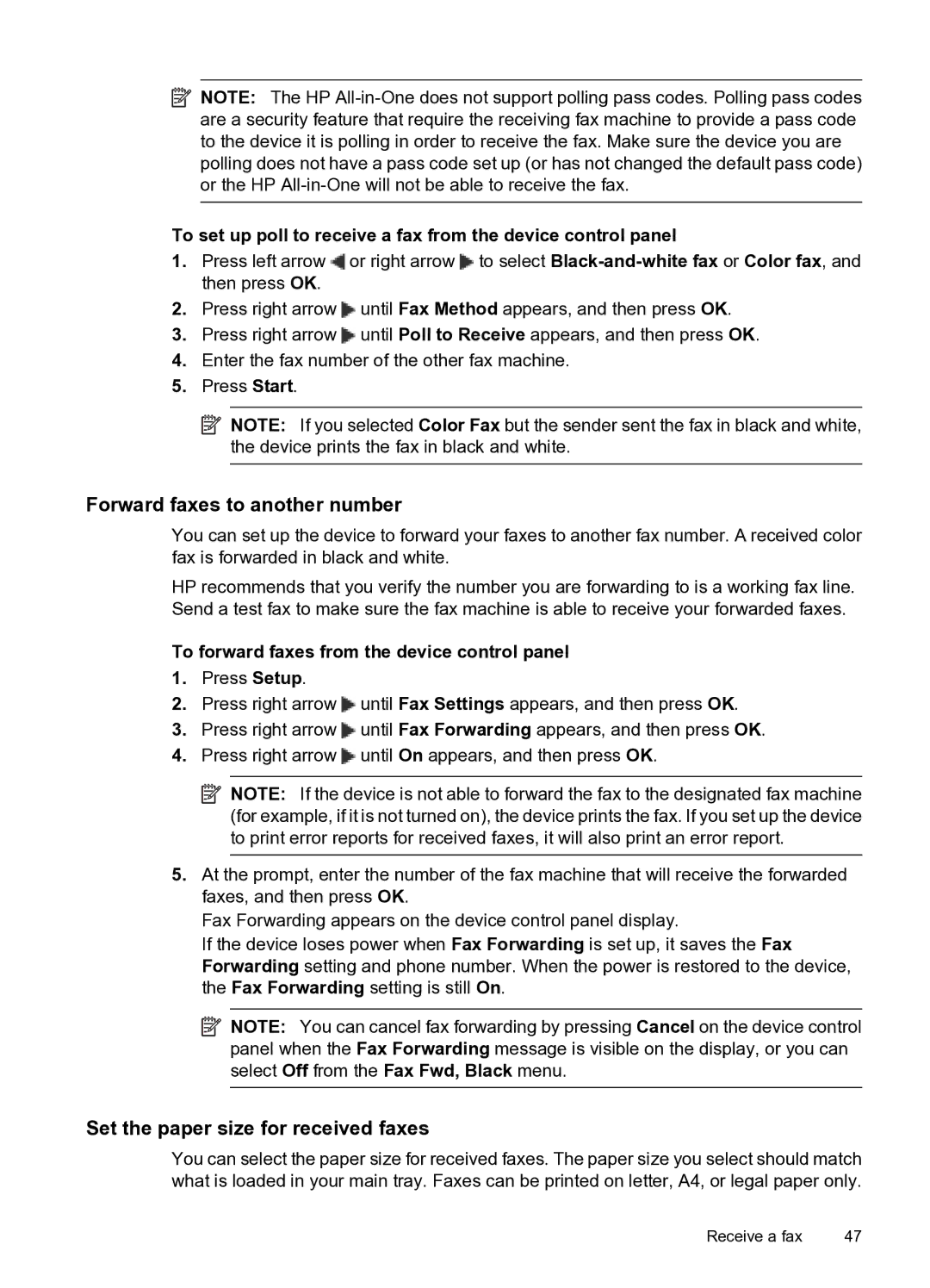 HP 4500 - G510n, 4500 - G510g manual Forward faxes to another number, Set the paper size for received faxes 