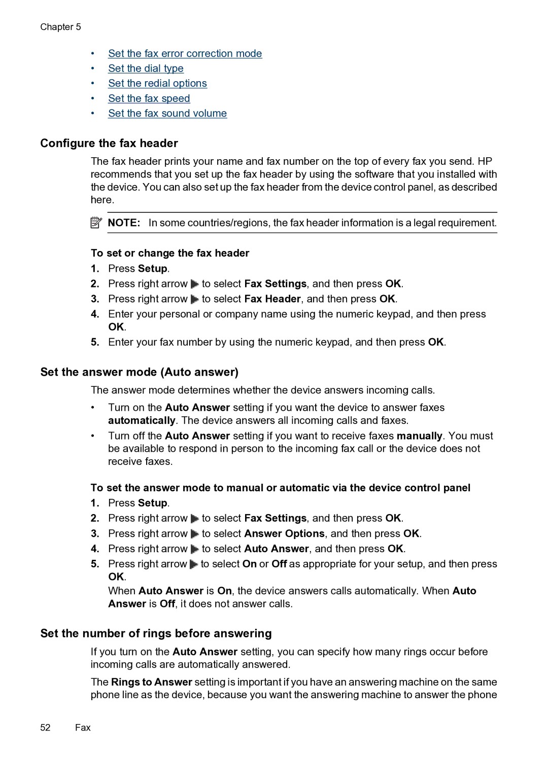 HP 4500 - G510g manual Configure the fax header, Set the answer mode Auto answer, Set the number of rings before answering 