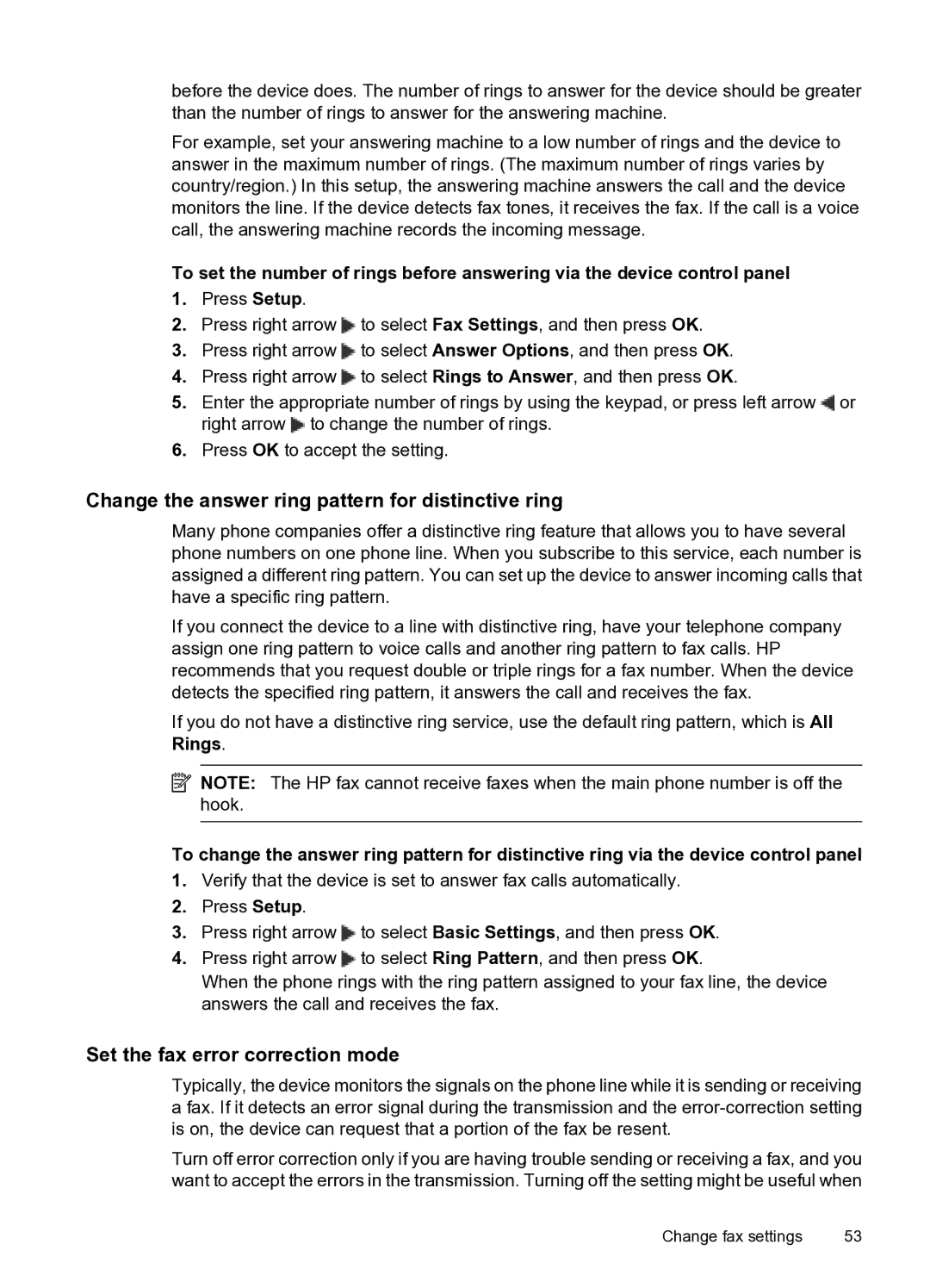 HP 4500 - G510n, 4500 - G510g manual Change the answer ring pattern for distinctive ring, Set the fax error correction mode 