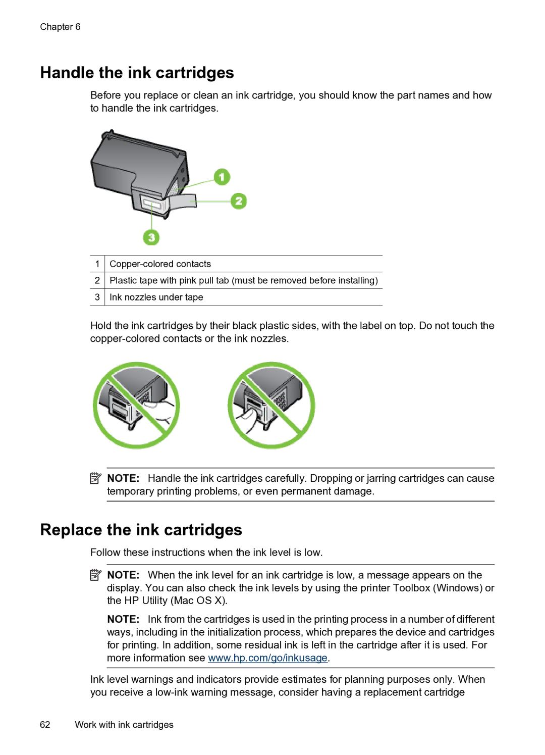 HP 4500 - G510g, 4500 - G510n manual Handle the ink cartridges, Replace the ink cartridges 