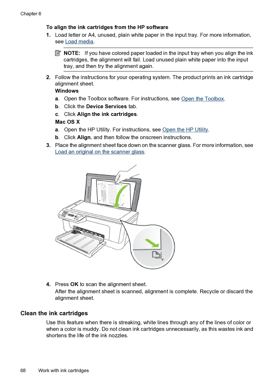 HP 4500 - G510g, 4500 - G510n manual Clean the ink cartridges, To align the ink cartridges from the HP software 