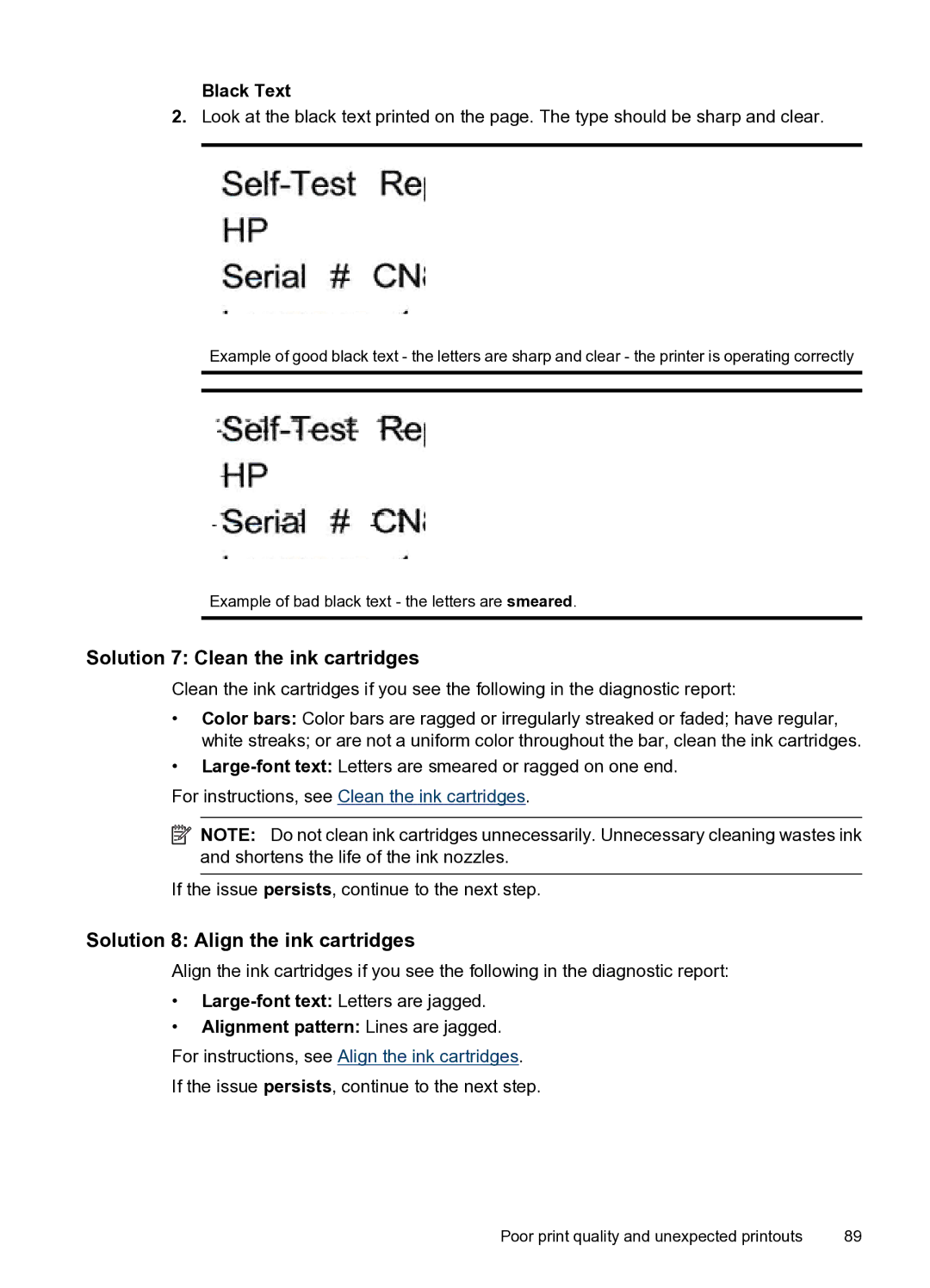 HP 4500 - G510n, 4500 - G510g manual Solution 7 Clean the ink cartridges, Solution 8 Align the ink cartridges, Black Text 