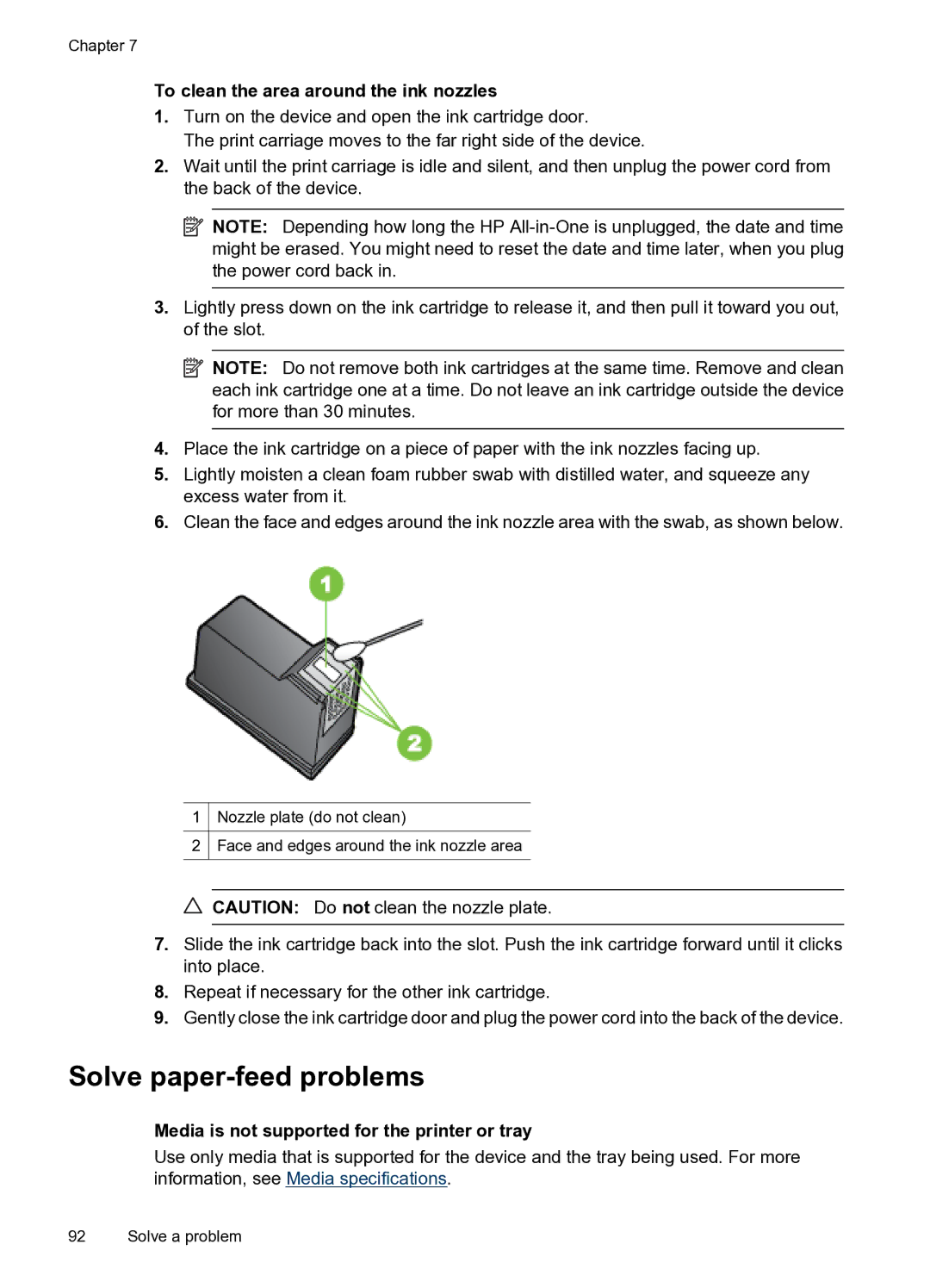 HP 4500 - G510g, 4500 - G510n manual Solve paper-feed problems, To clean the area around the ink nozzles 