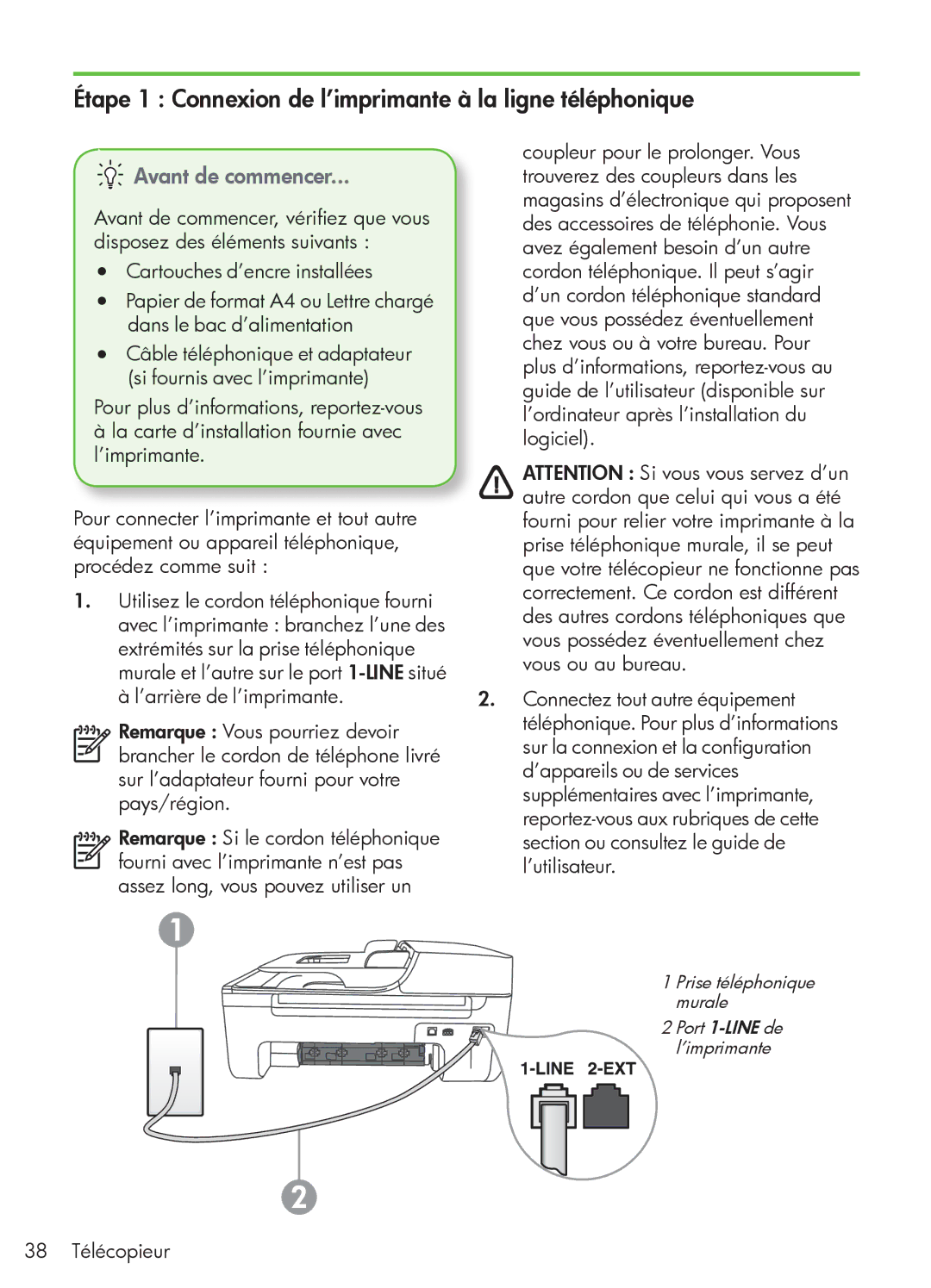 HP 4500 - G510n, 4500 - K7 Étape 1 Connexion de l’imprimante à la ligne téléphonique, Avant de commencer, 38 Télécopieur 