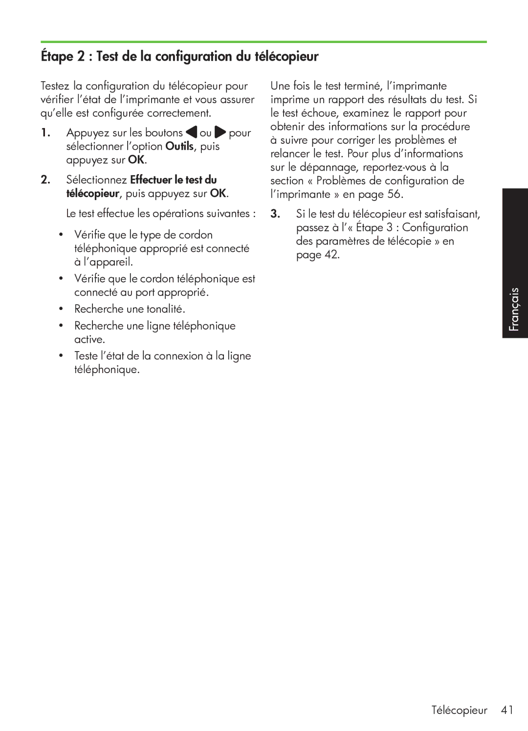 HP 4500 - G510n, 4500 - G510g, 4500 - K7 manual Étape 2 Test de la configuration du télécopieur 
