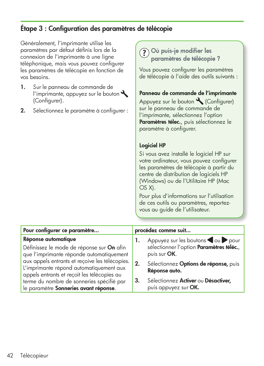 HP 4500 - G510g, 4500 - K7 manual Étape 3 Configuration des paramètres de télécopie, Sélectionnez Options de réponse, puis 