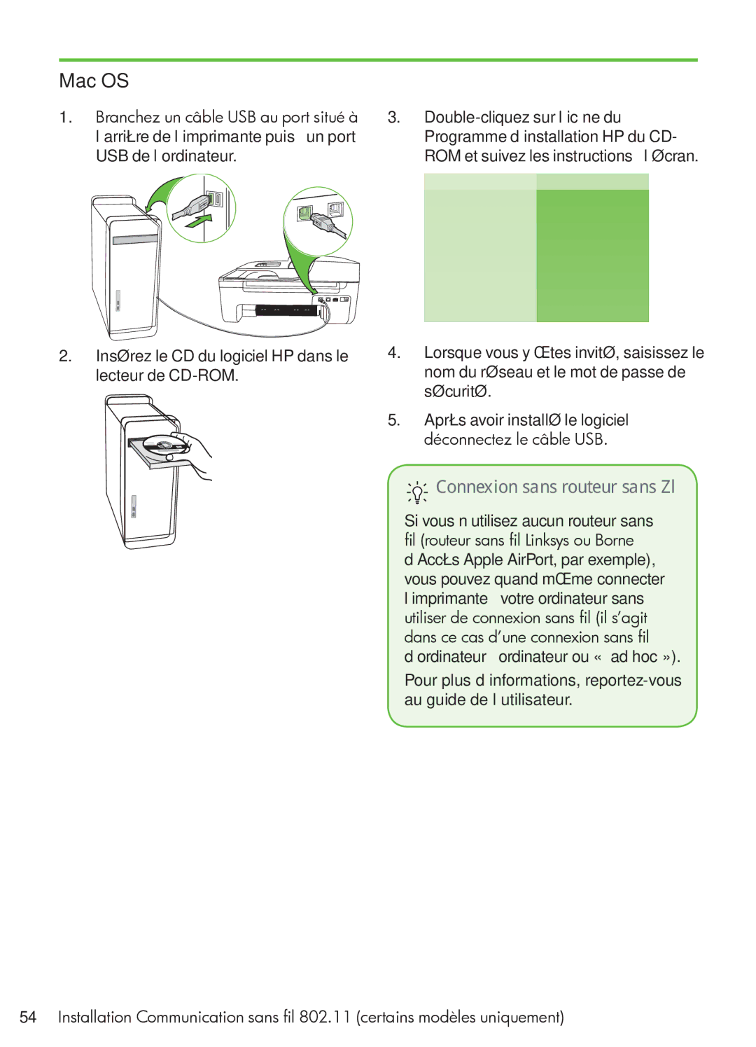 HP 4500 - G510g, 4500 - K7, 4500 - G510n manual Mac OS, Connexion sans routeur sans fil 