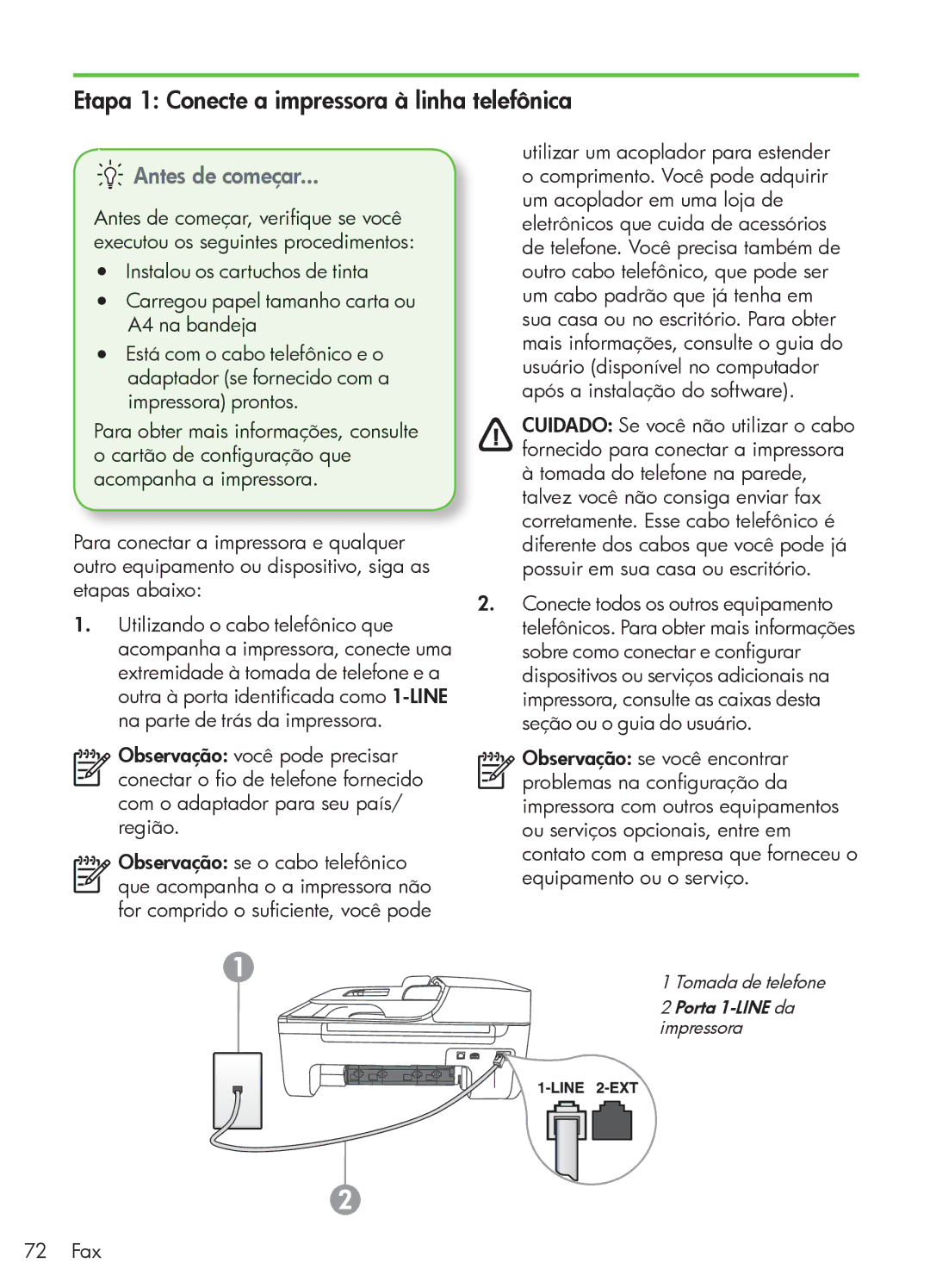 HP 4500 - G510g, 4500 - K7, 4500 - G510n manual Etapa 1 Conecte a impressora à linha telefônica, Antes de começar, 72 Fax 