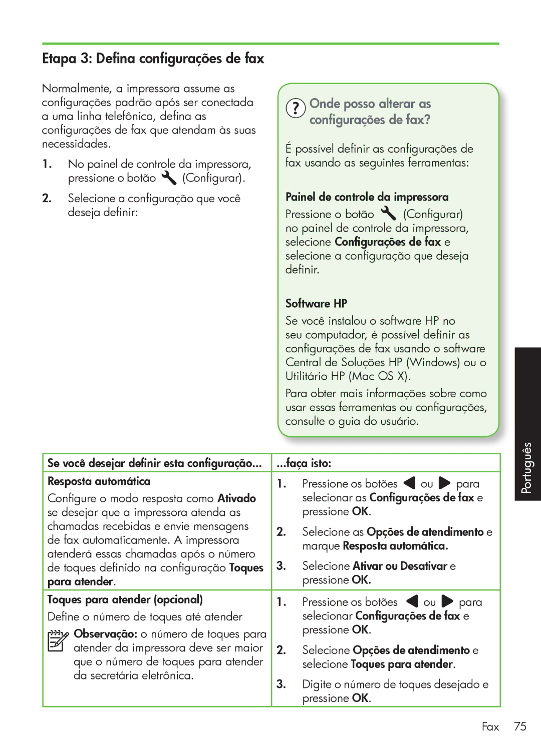HP 4500 - G510g, 4500 - K7, 4500 - G510n Etapa 3 Defina configurações de fax, Onde posso alterar as configurações de fax? 
