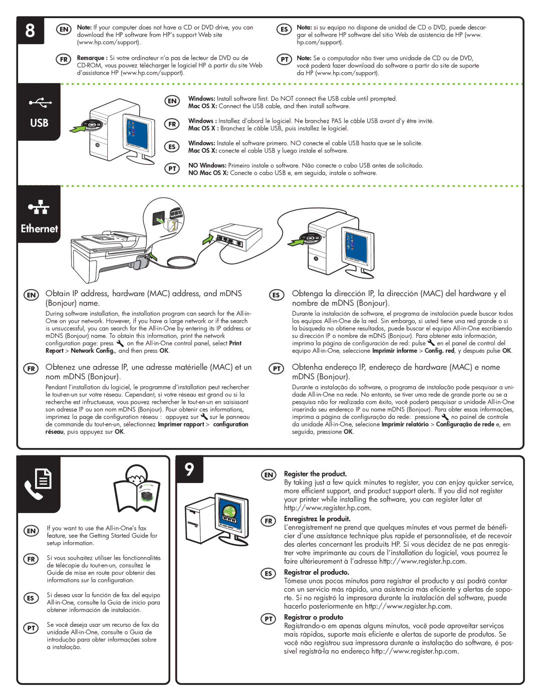 HP 4500 - G510g manual Usb, Ethernet 