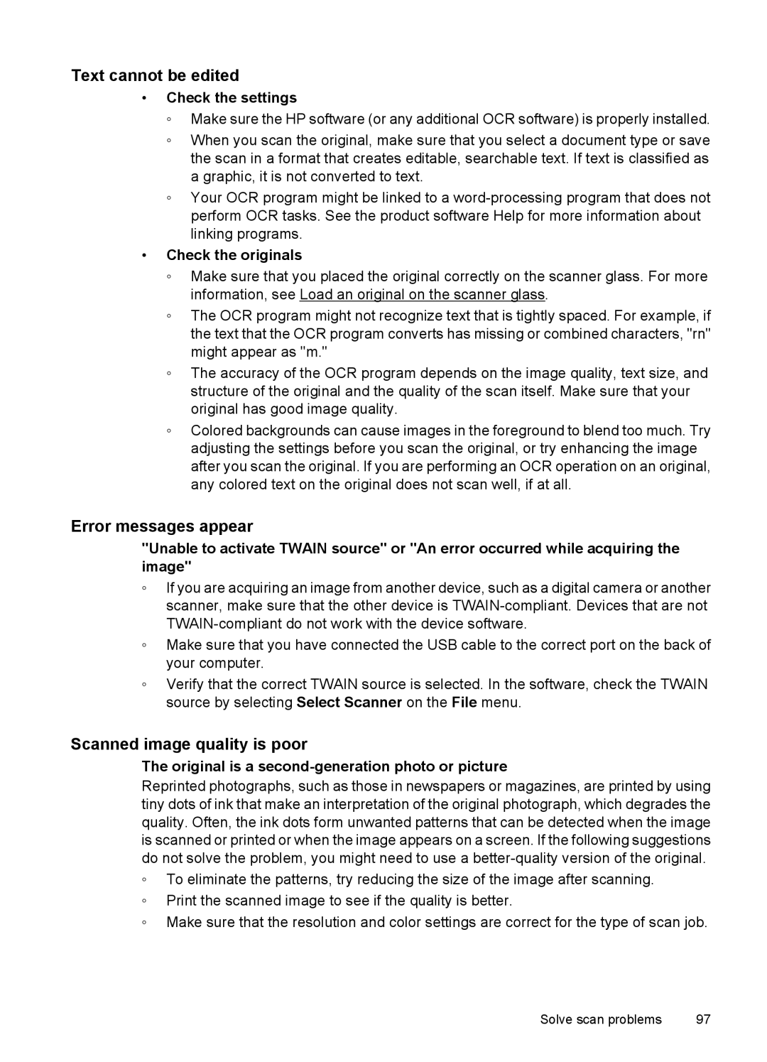 HP 4500 - K7 manual Text cannot be edited, Error messages appear, Scanned image quality is poor, Check the originals 