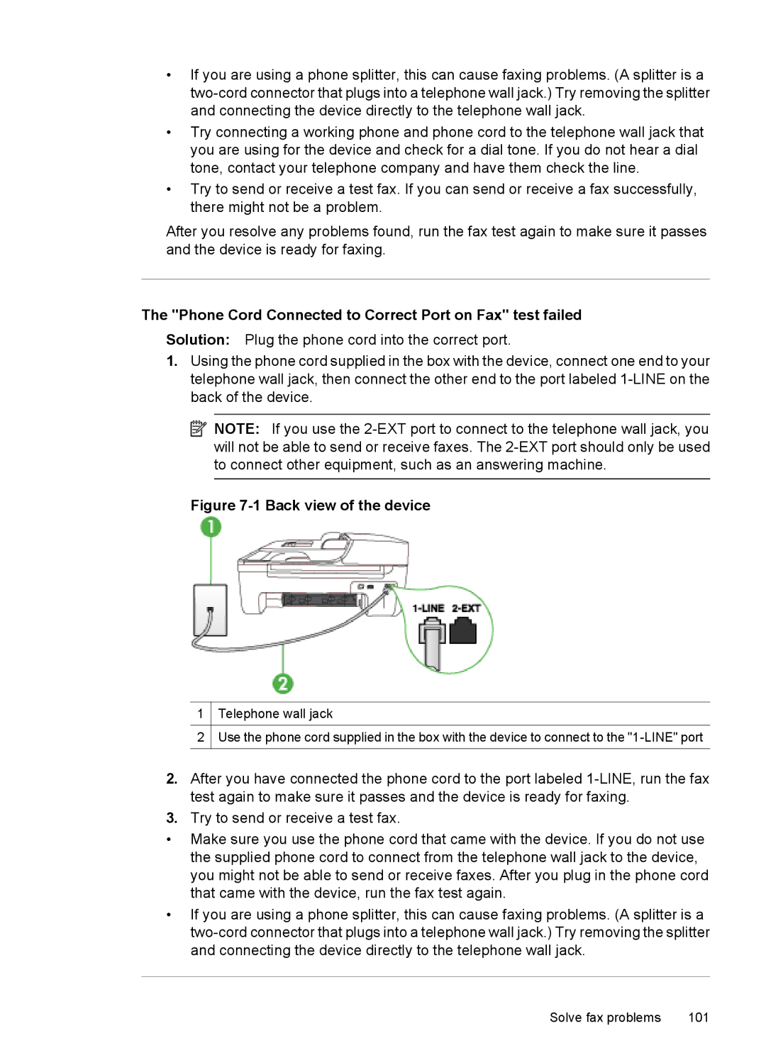 HP 4500 - K7 manual Phone Cord Connected to Correct Port on Fax test failed, Back view of the device 