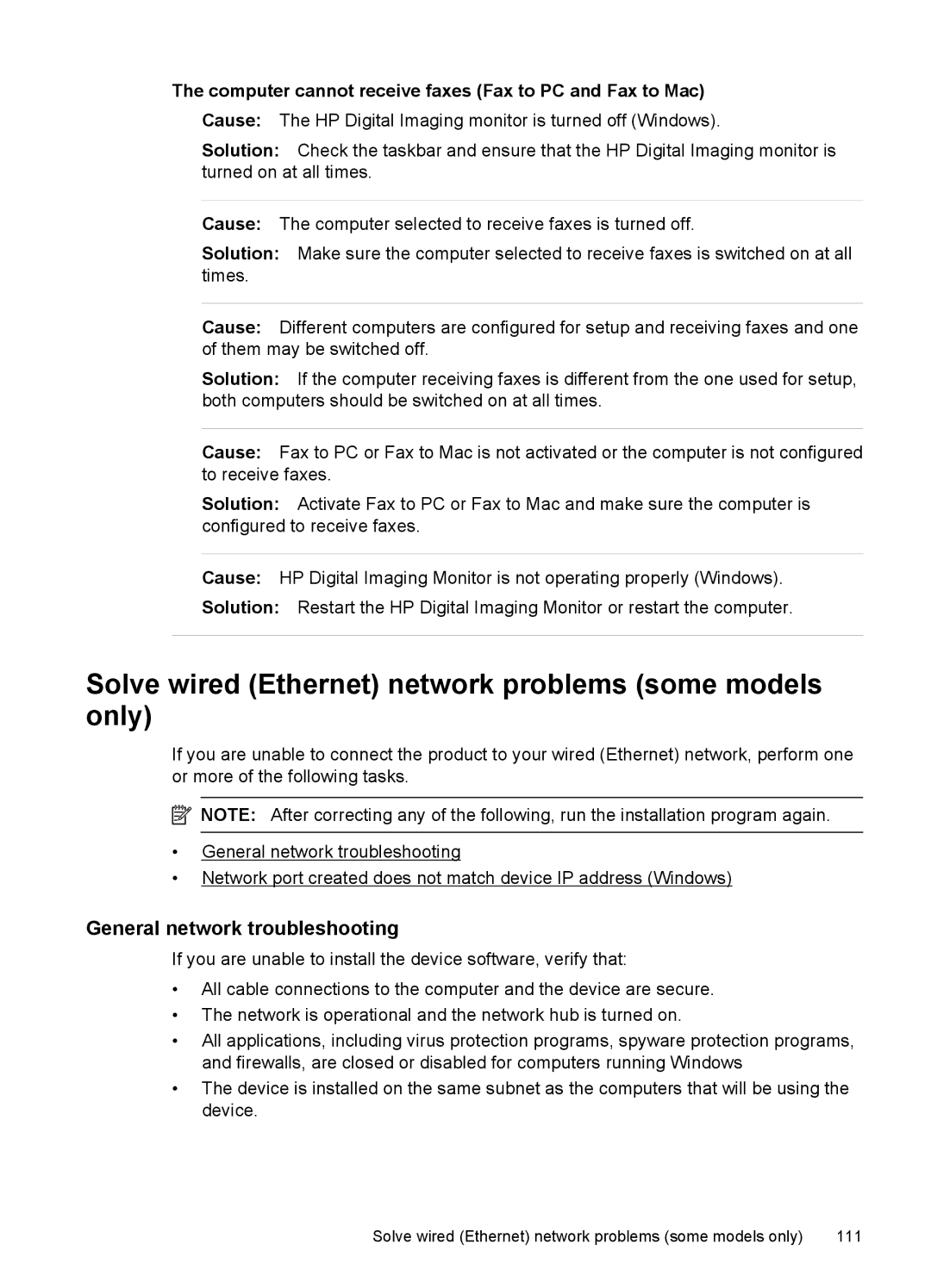 HP 4500 - K7 manual Solve wired Ethernet network problems some models only, General network troubleshooting 