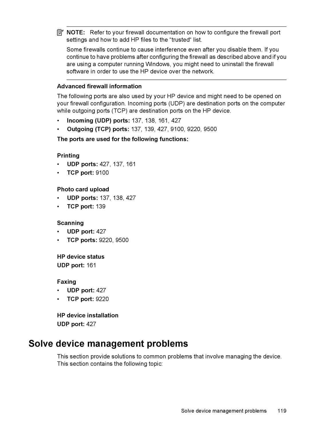 HP 4500 - K7 manual Solve device management problems, Advanced firewall information, Incoming UDP ports 137, 138, 161 