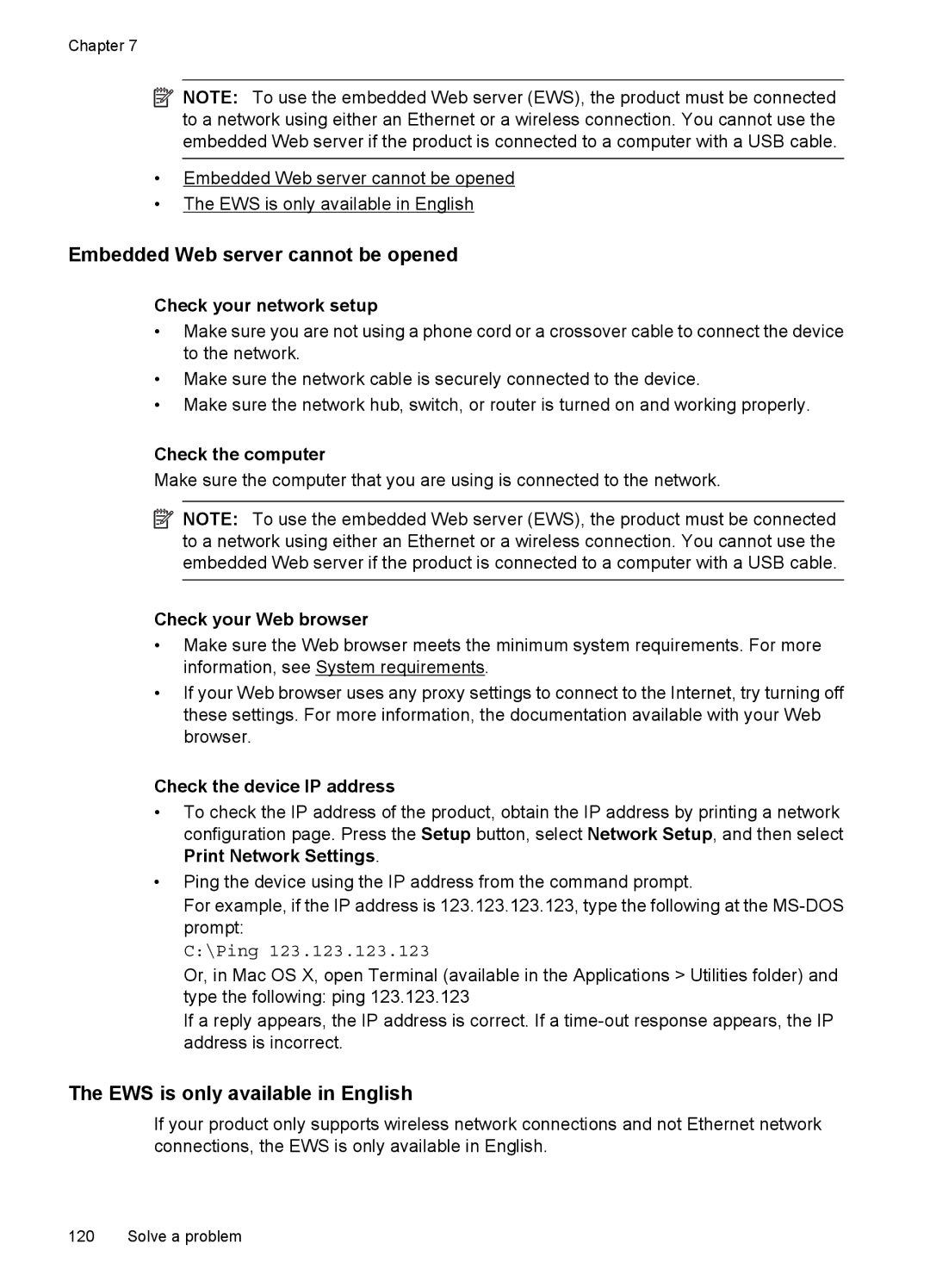 HP 4500 - K7 manual Embedded Web server cannot be opened, EWS is only available in English 