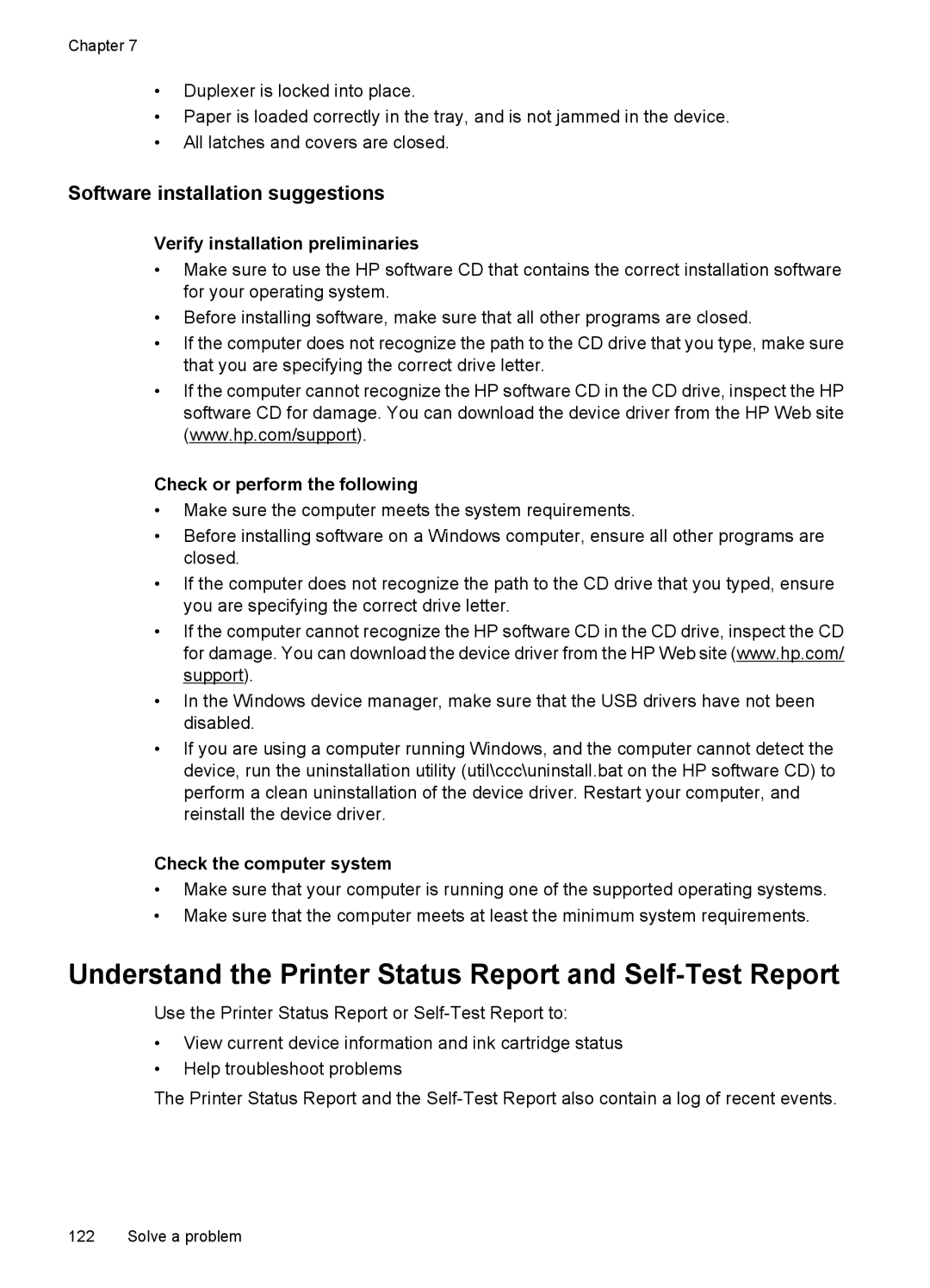 HP 4500 - K7 manual Understand the Printer Status Report and Self-Test Report, Software installation suggestions 