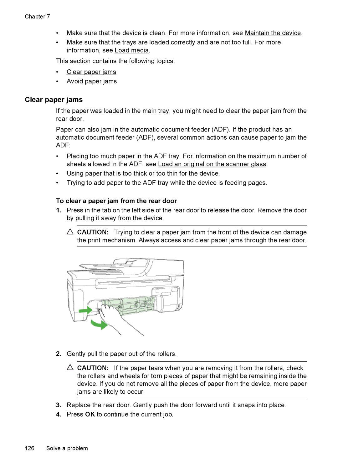 HP 4500 - K7 manual Clear paper jams, To clear a paper jam from the rear door 