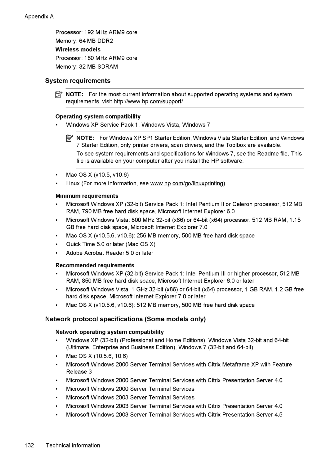 HP 4500 - K7 manual System requirements, Network protocol specifications Some models only 