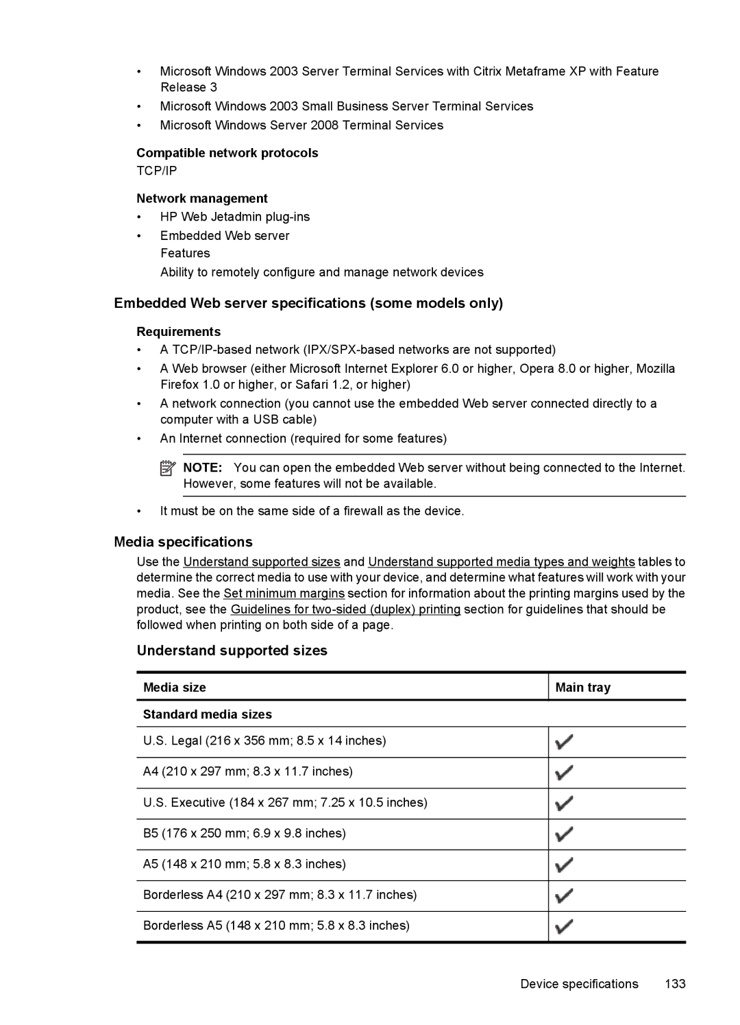 HP 4500 - K7 manual Embedded Web server specifications some models only, Media specifications, Understand supported sizes 