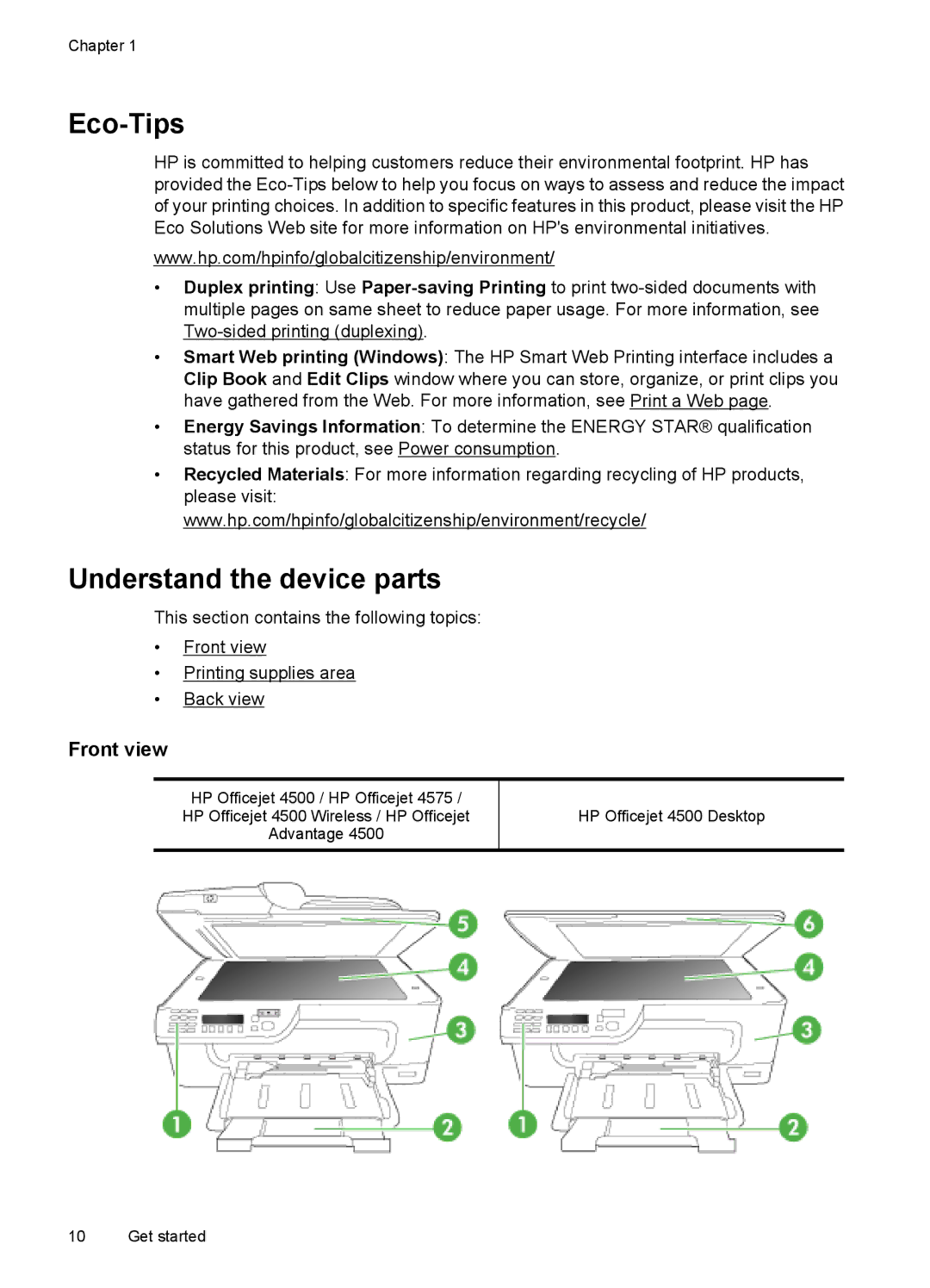 HP 4500 - K7 manual Eco-Tips, Understand the device parts, Front view 