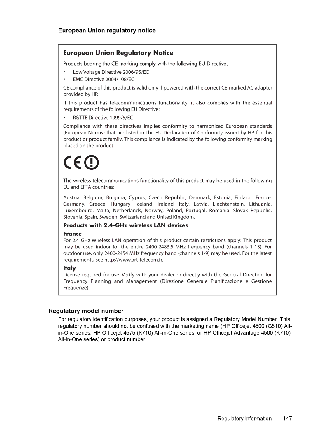 HP 4500 - K7 manual European Union regulatory notice, Regulatory model number 