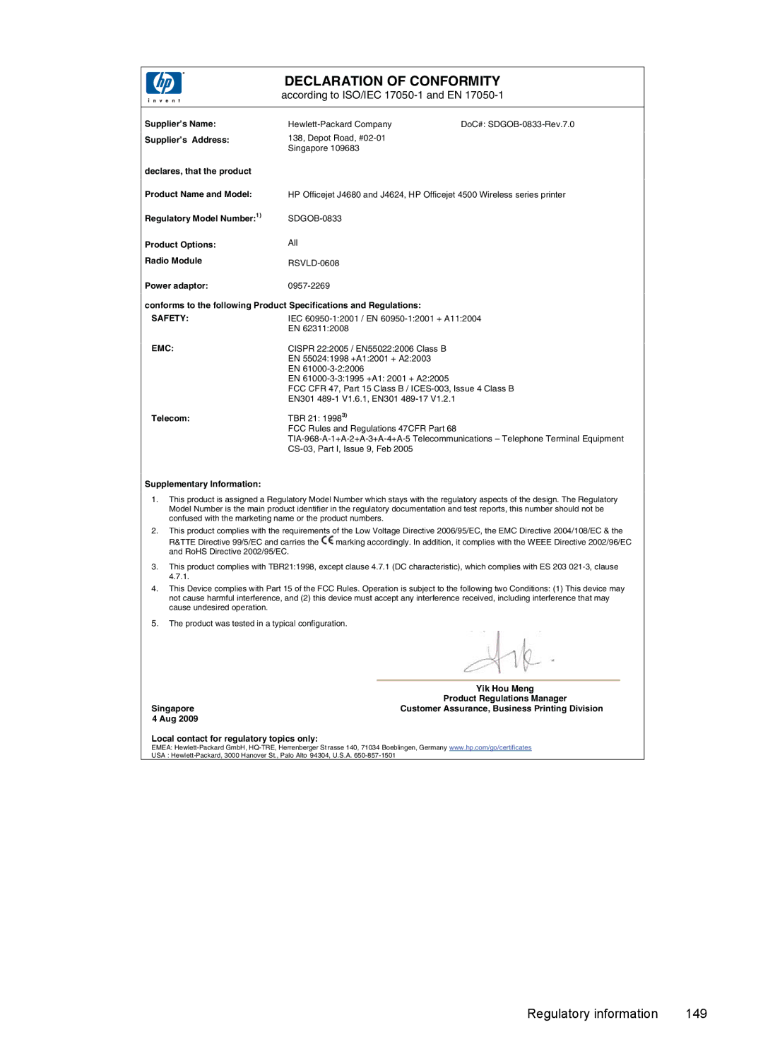 HP 4500 - K7 manual Regulatory information 149 