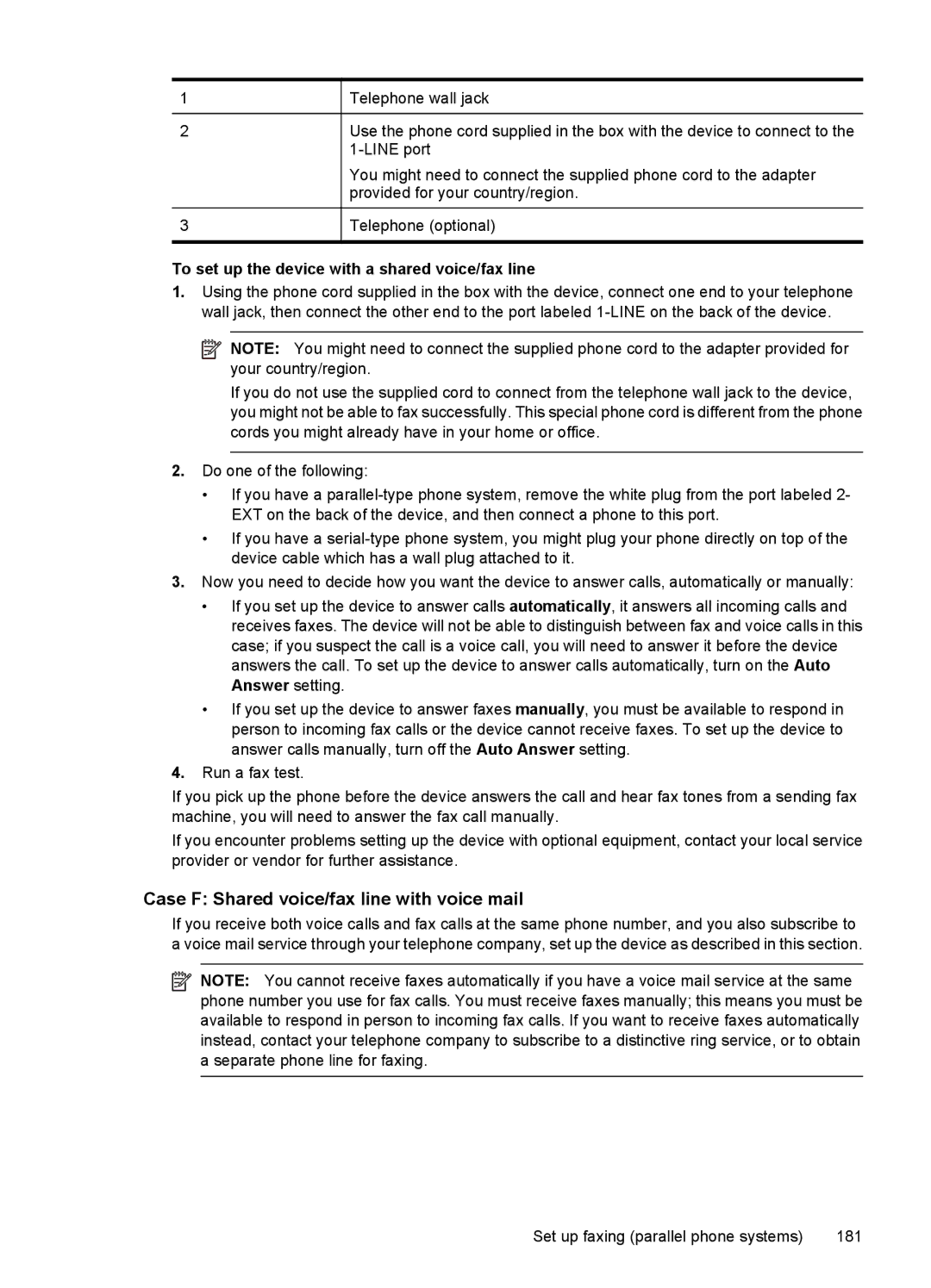 HP 4500 - K7 manual Case F Shared voice/fax line with voice mail, To set up the device with a shared voice/fax line 