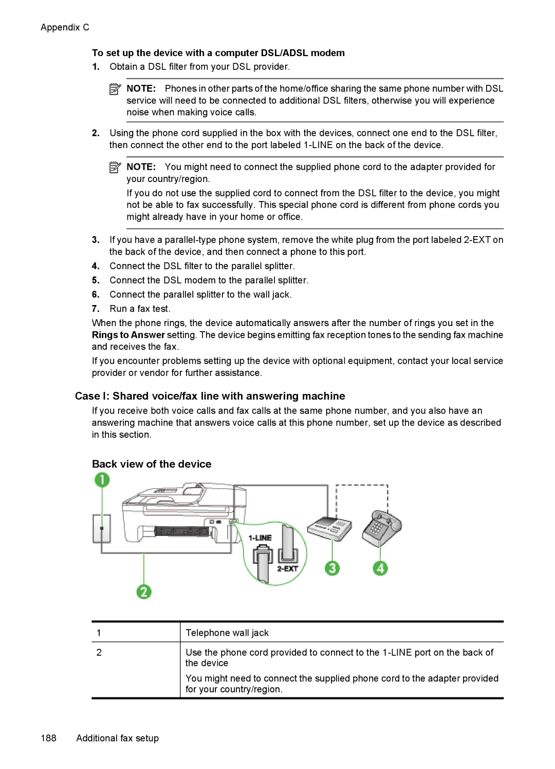 HP 4500 - K7 Case I Shared voice/fax line with answering machine, To set up the device with a computer DSL/ADSL modem 