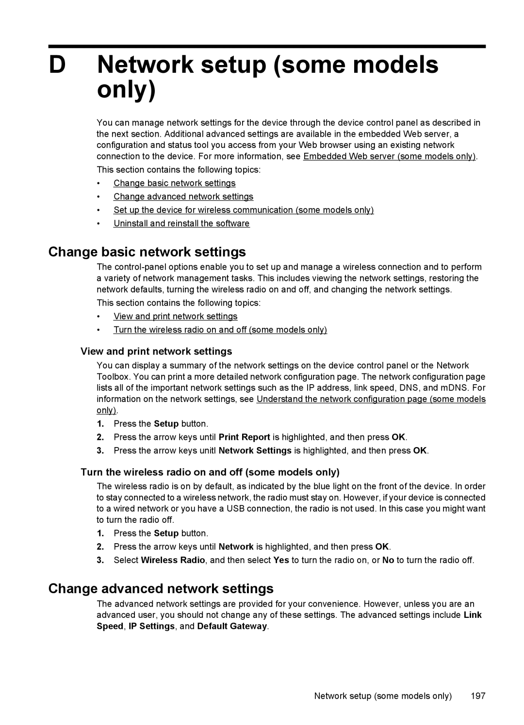 HP 4500 - K7 manual Network setup some models only, Change basic network settings, Change advanced network settings 