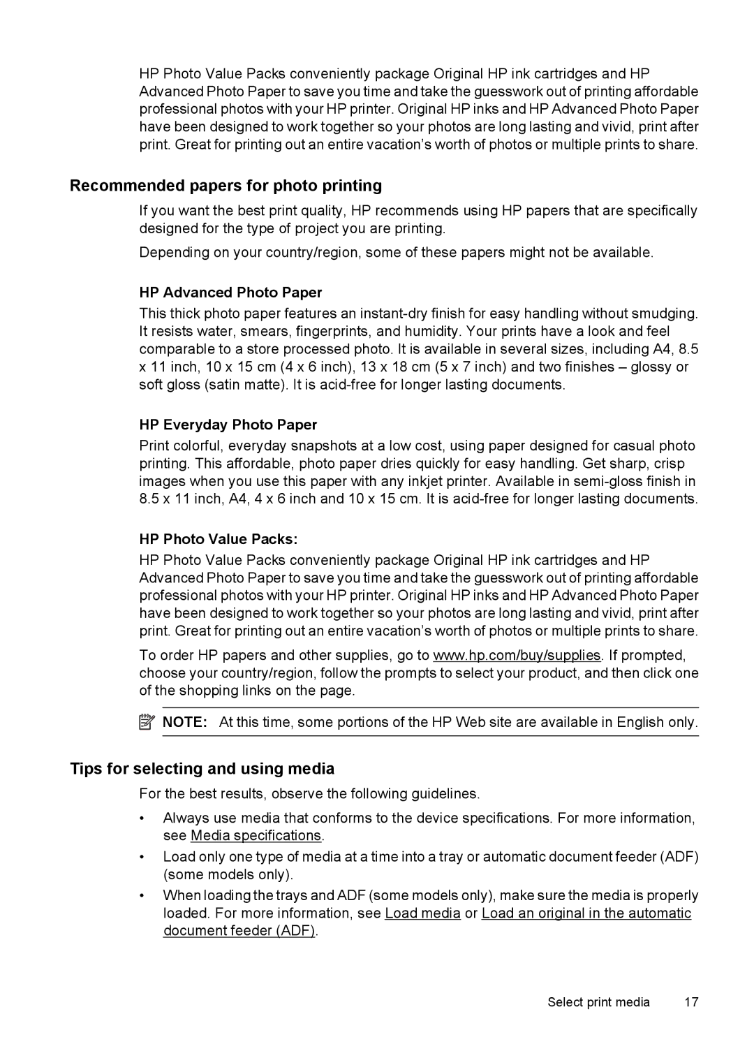 HP 4500 - K7 manual Recommended papers for photo printing, Tips for selecting and using media, HP Advanced Photo Paper 