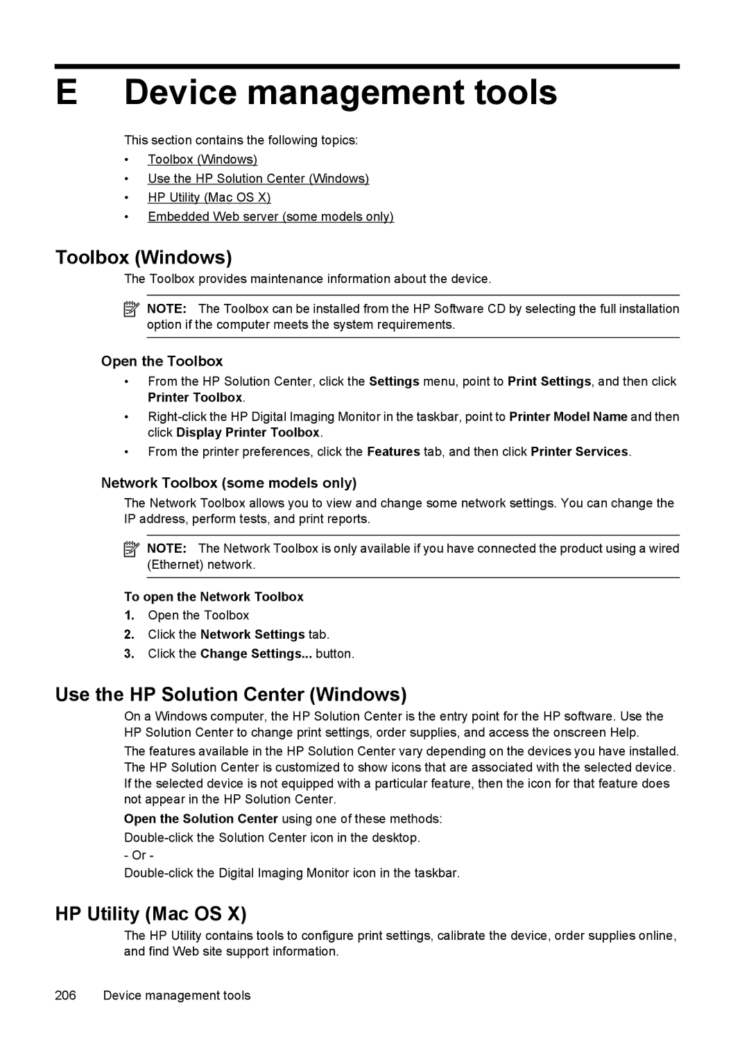 HP 4500 - K7 manual Device management tools, Toolbox Windows, Use the HP Solution Center Windows, HP Utility Mac OS 