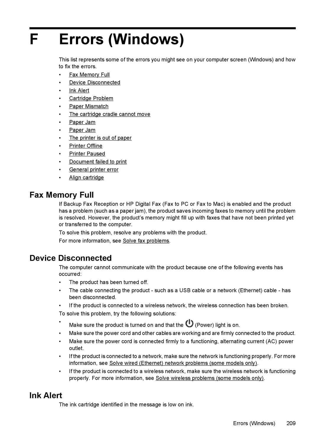 HP 4500 - K7 manual Errors Windows, Fax Memory Full, Device Disconnected, Ink Alert 