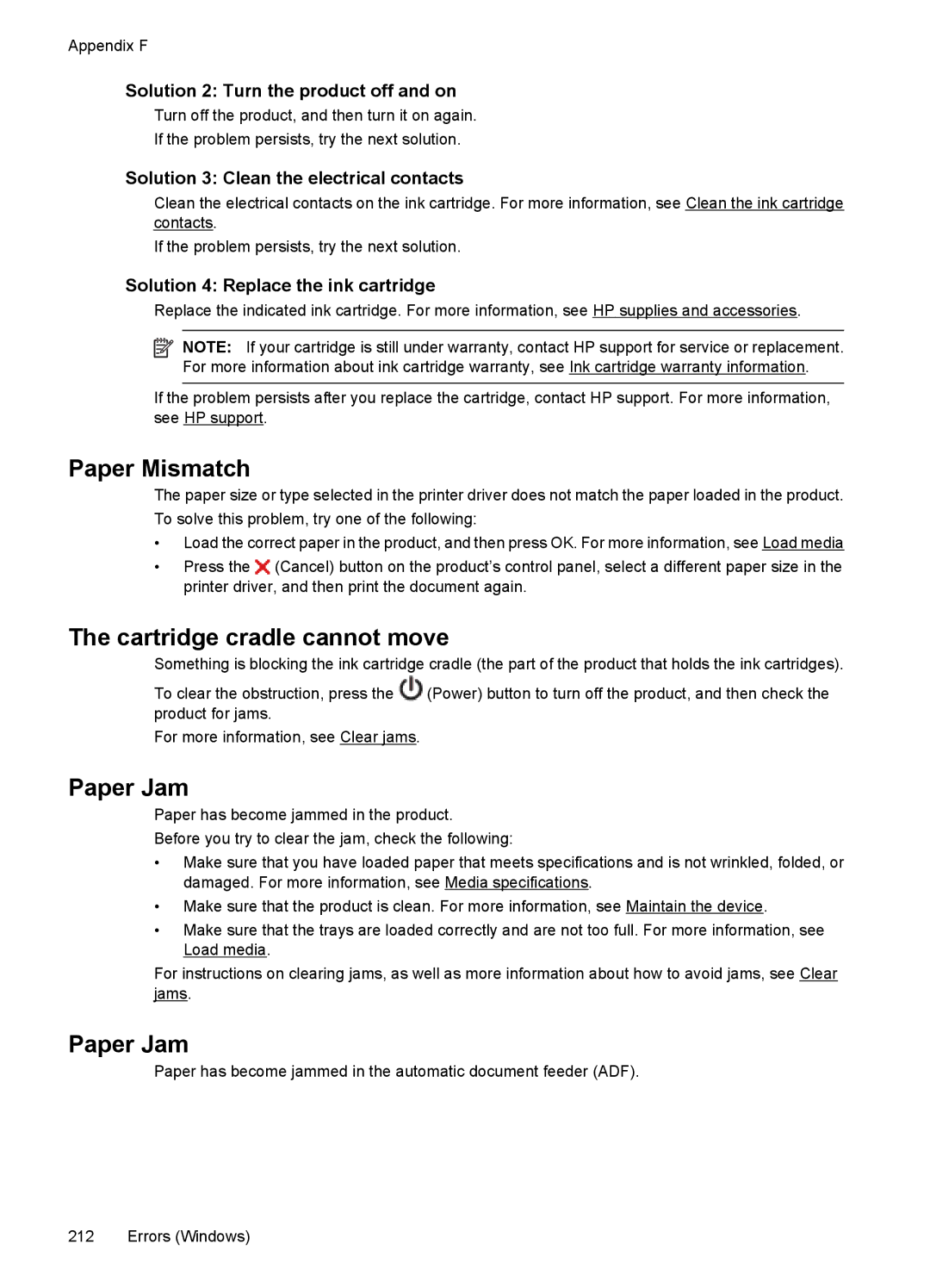 HP 4500 - K7 manual Paper Mismatch, Cartridge cradle cannot move, Paper Jam 