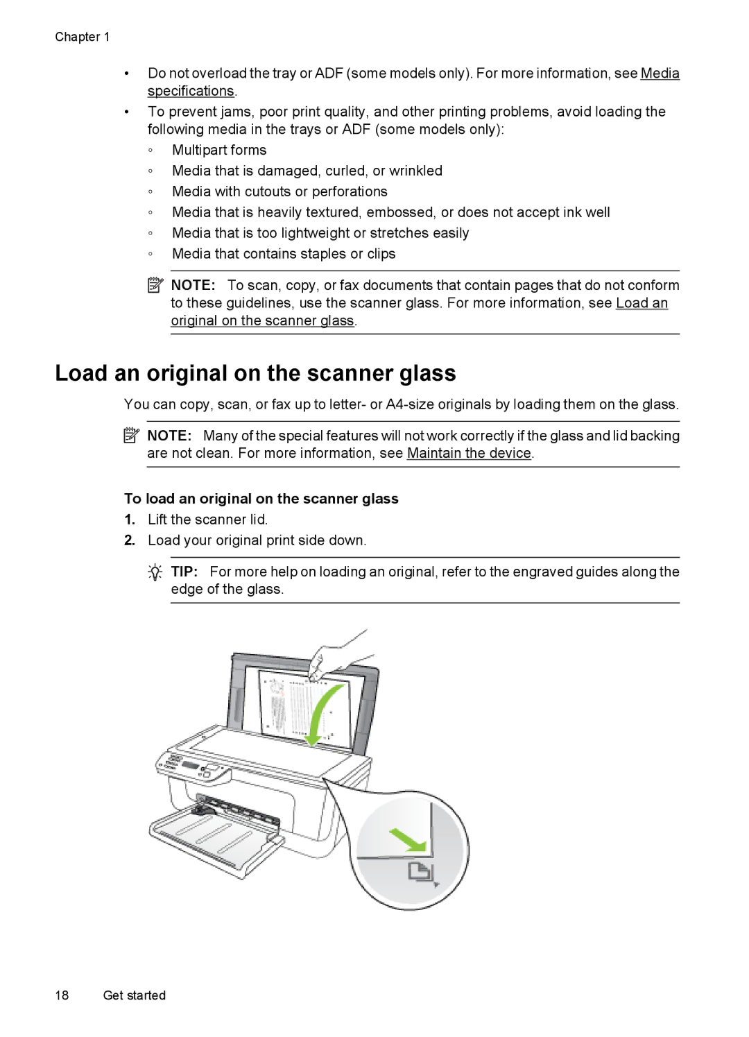 HP 4500 - K7 manual Load an original on the scanner glass, To load an original on the scanner glass 