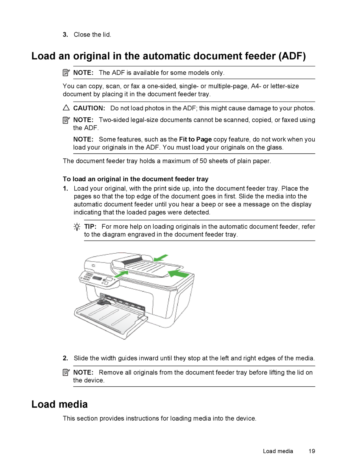 HP 4500 - K7 manual Load an original in the automatic document feeder ADF, Load media 