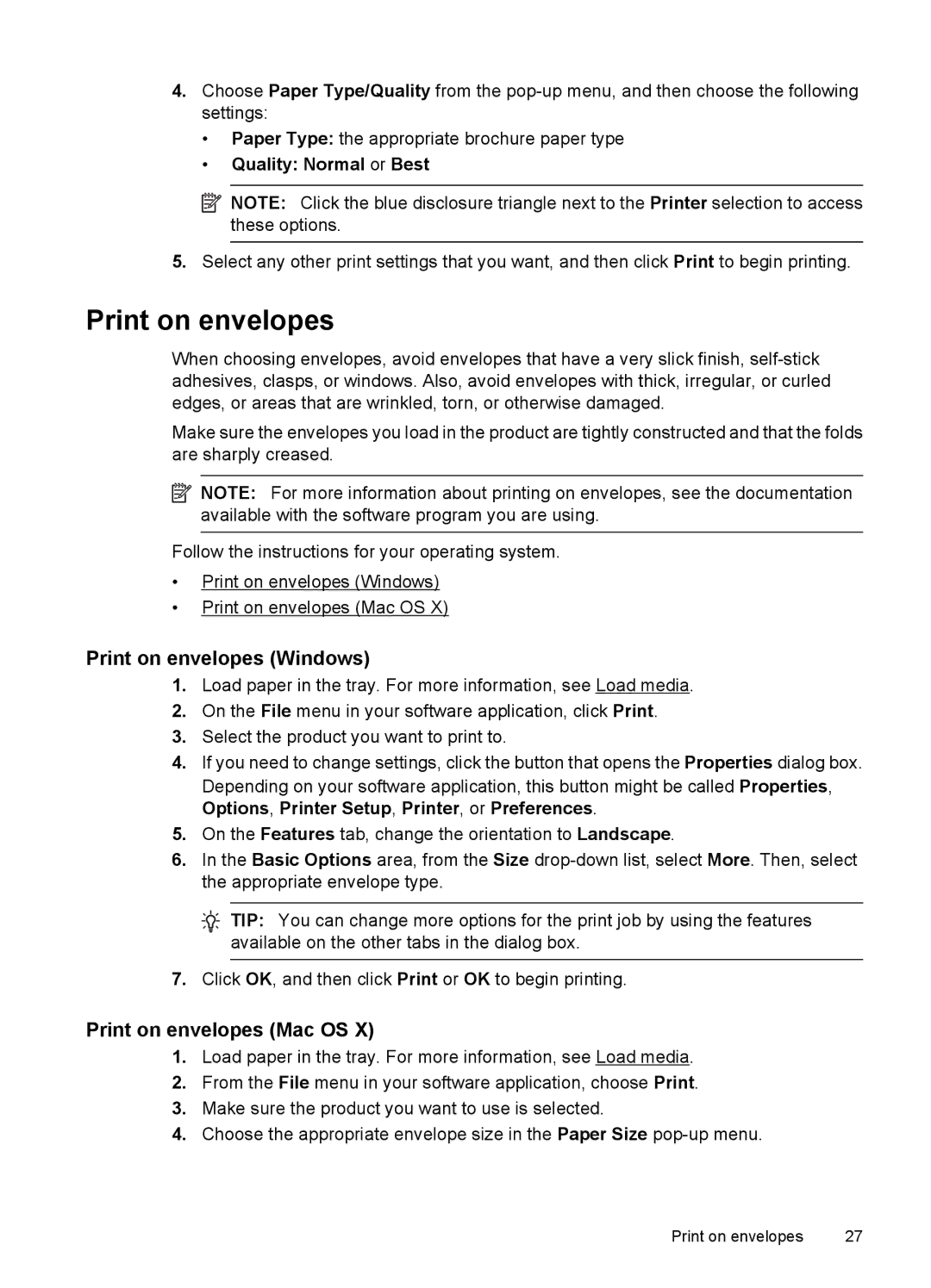 HP 4500 - K7 manual Print on envelopes Windows, Print on envelopes Mac OS, Quality Normal or Best 