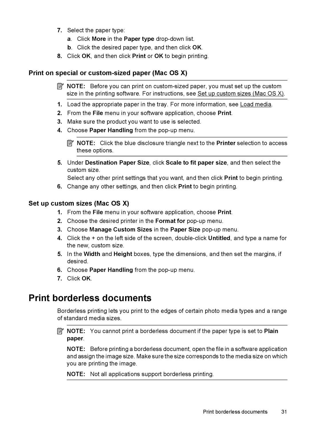 HP 4500 - K7 manual Print borderless documents, Print on special or custom-sized paper Mac OS, Set up custom sizes Mac OS 