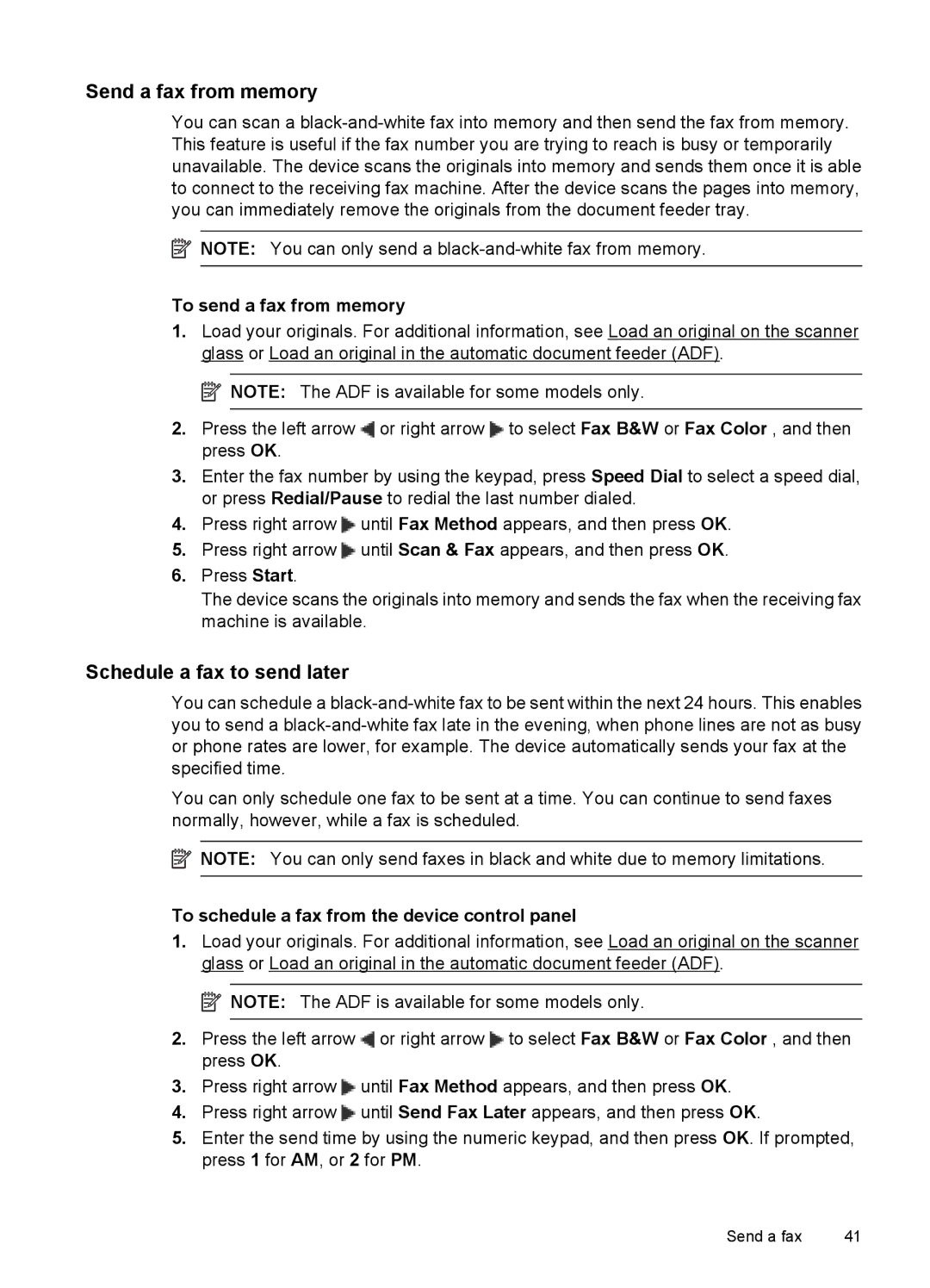 HP 4500 - K7 manual Send a fax from memory, Schedule a fax to send later, To send a fax from memory 