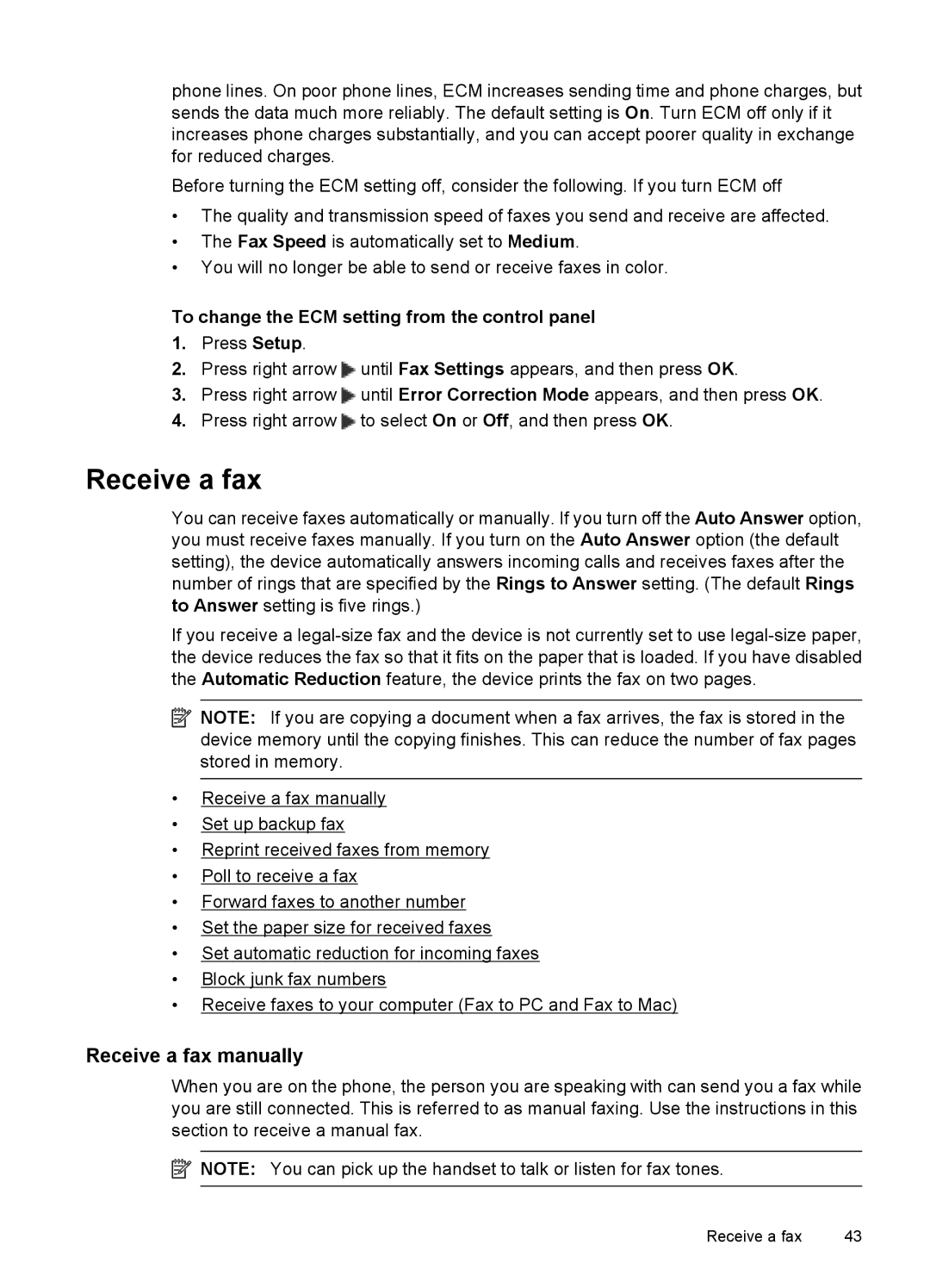 HP 4500 - K7 Receive a fax manually, To change the ECM setting from the control panel 