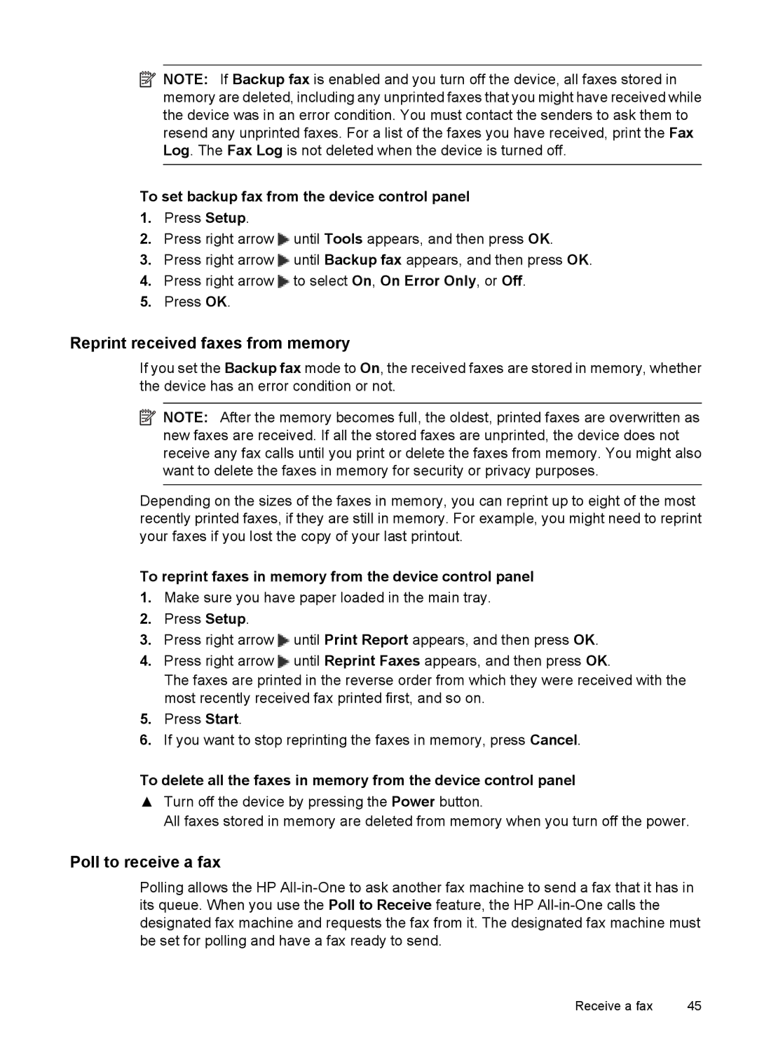 HP 4500 - K7 Reprint received faxes from memory, Poll to receive a fax, To set backup fax from the device control panel 