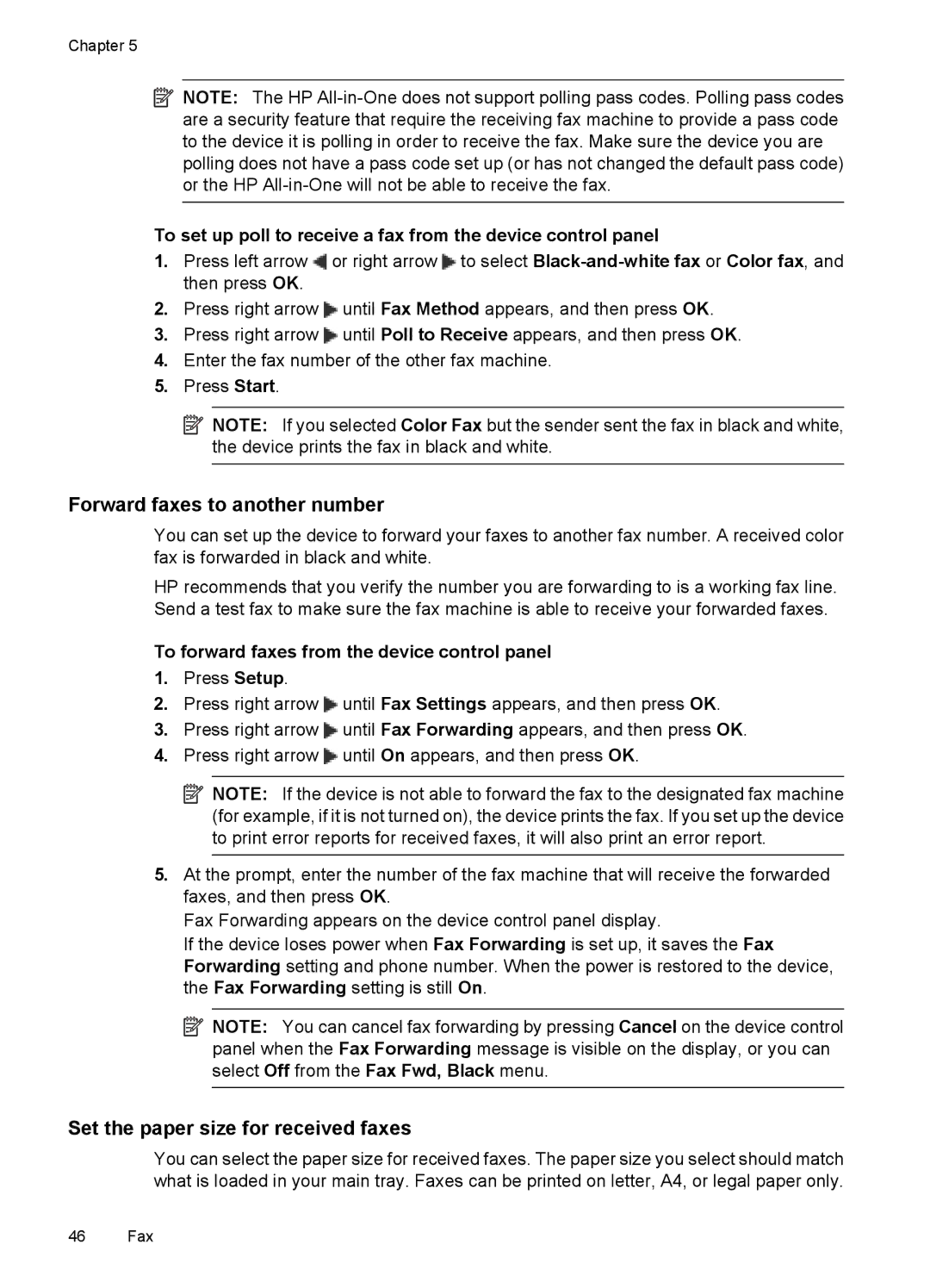 HP 4500 - K7 manual Forward faxes to another number, Set the paper size for received faxes 