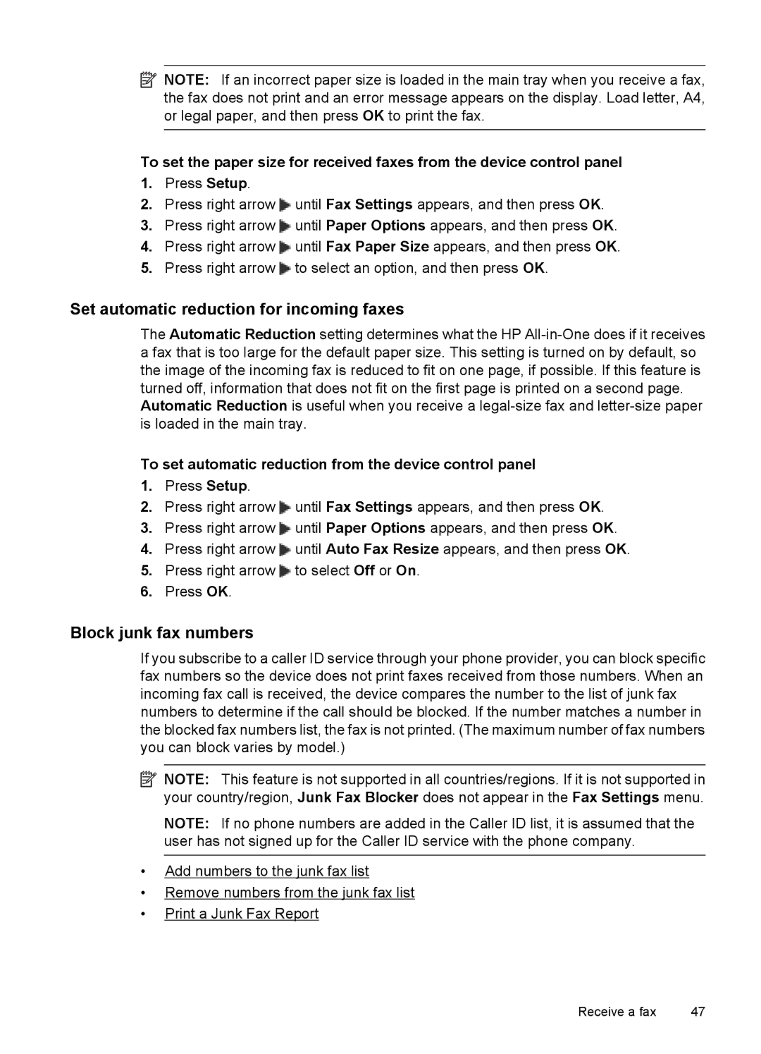 HP 4500 - K7 manual Set automatic reduction for incoming faxes, Block junk fax numbers 