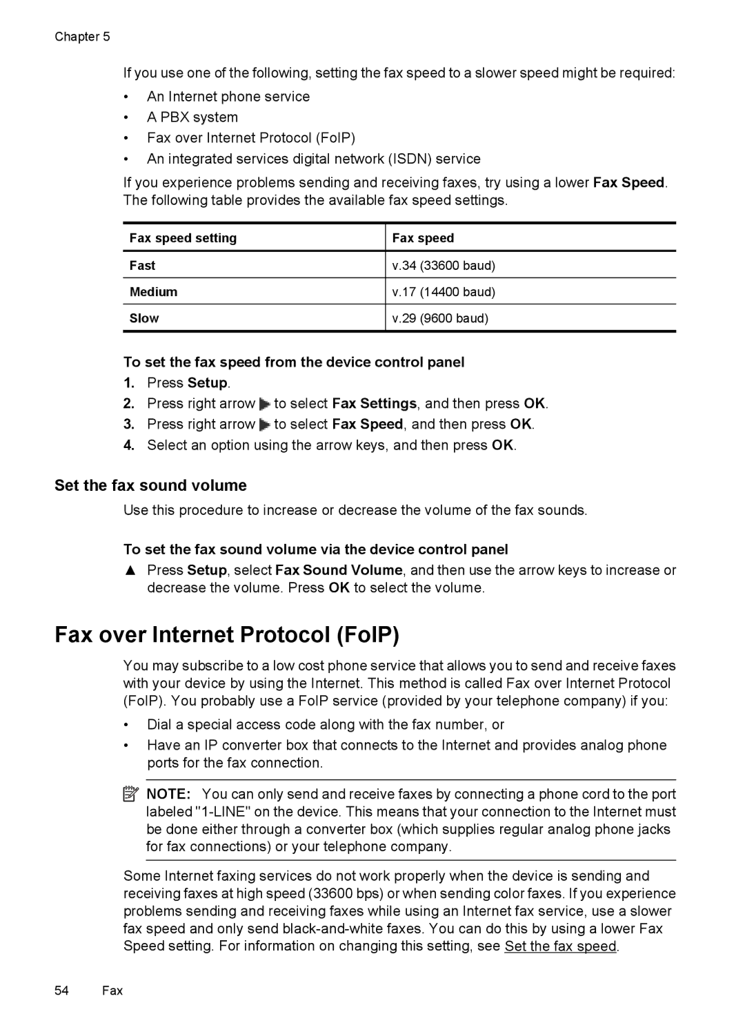 HP 4500 - K7 Fax over Internet Protocol FoIP, Set the fax sound volume, To set the fax speed from the device control panel 