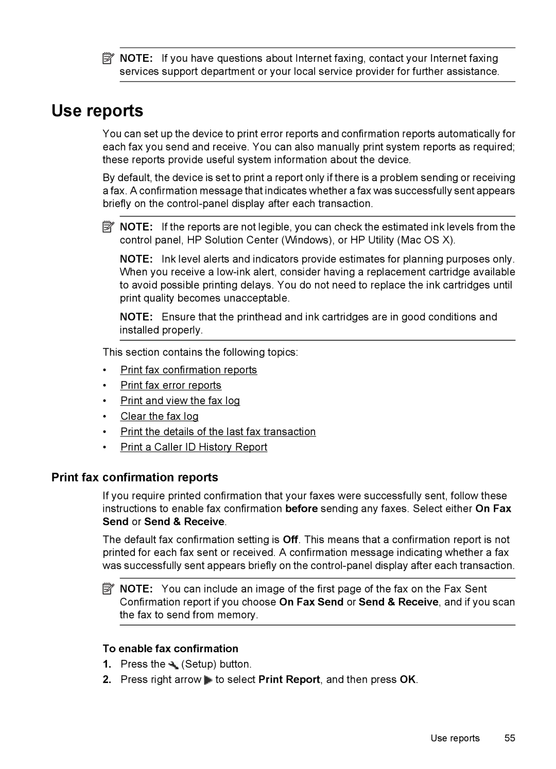 HP 4500 - K7 manual Use reports, Print fax confirmation reports, To enable fax confirmation 