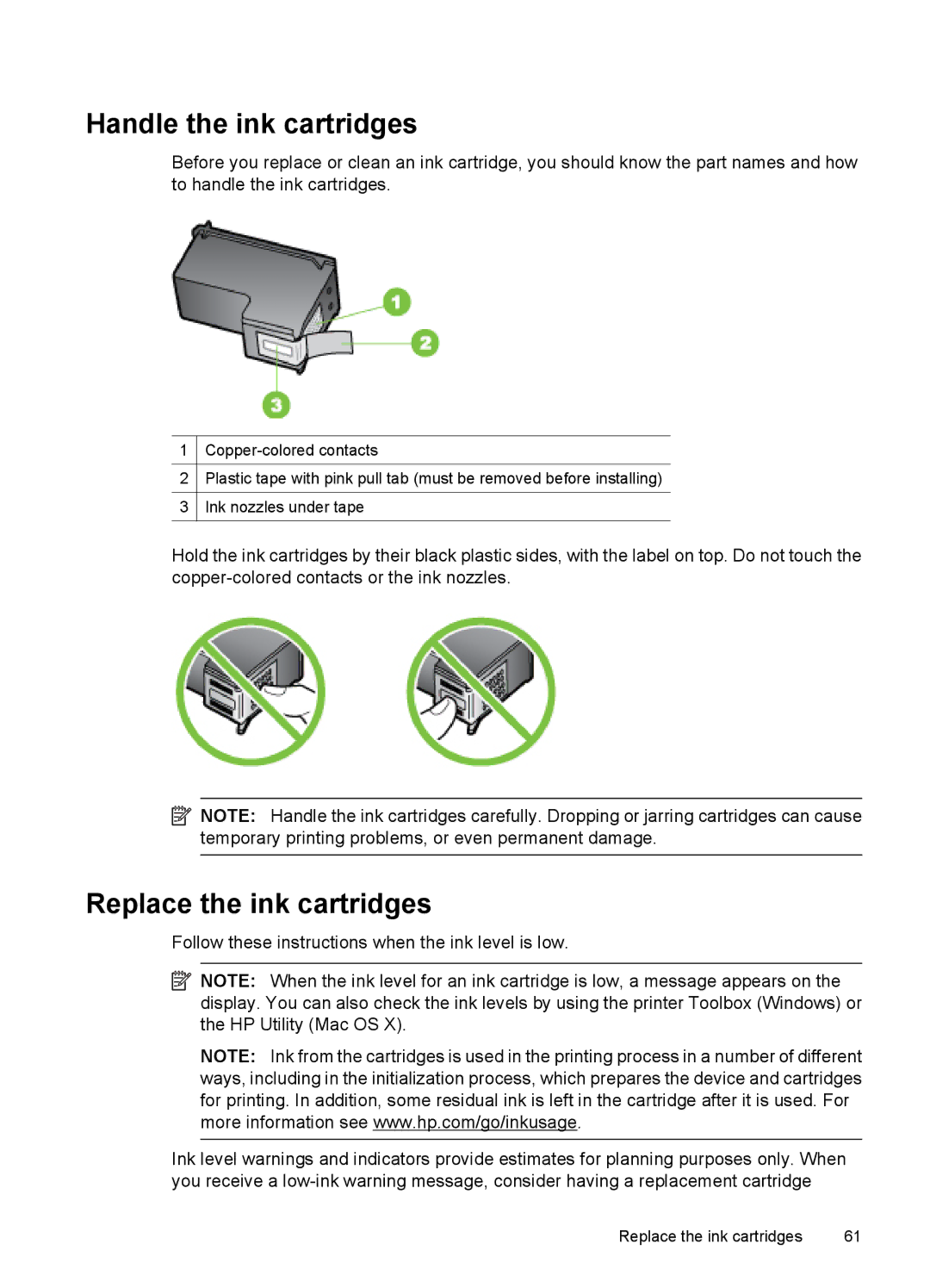 HP 4500 - K7 manual Handle the ink cartridges, Replace the ink cartridges 